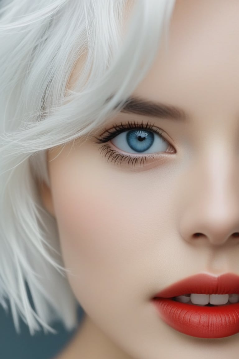 bellissima 1girl, solo, looking at viewer, short hair, open mouth, blue eyes, simple background, white hair, teeth, grey background, lips, eyelashes, portrait, close-up, realistic, nose , nose, 50mm . cinematic 4k epic detailed 4k epic detailed photograph shot on kodak detailed cinematic hbo dark moody, 35mm photo, grainy, vignette, vintage, Kodachrome, Lomography, stained, highly detailed, found footage,thm style