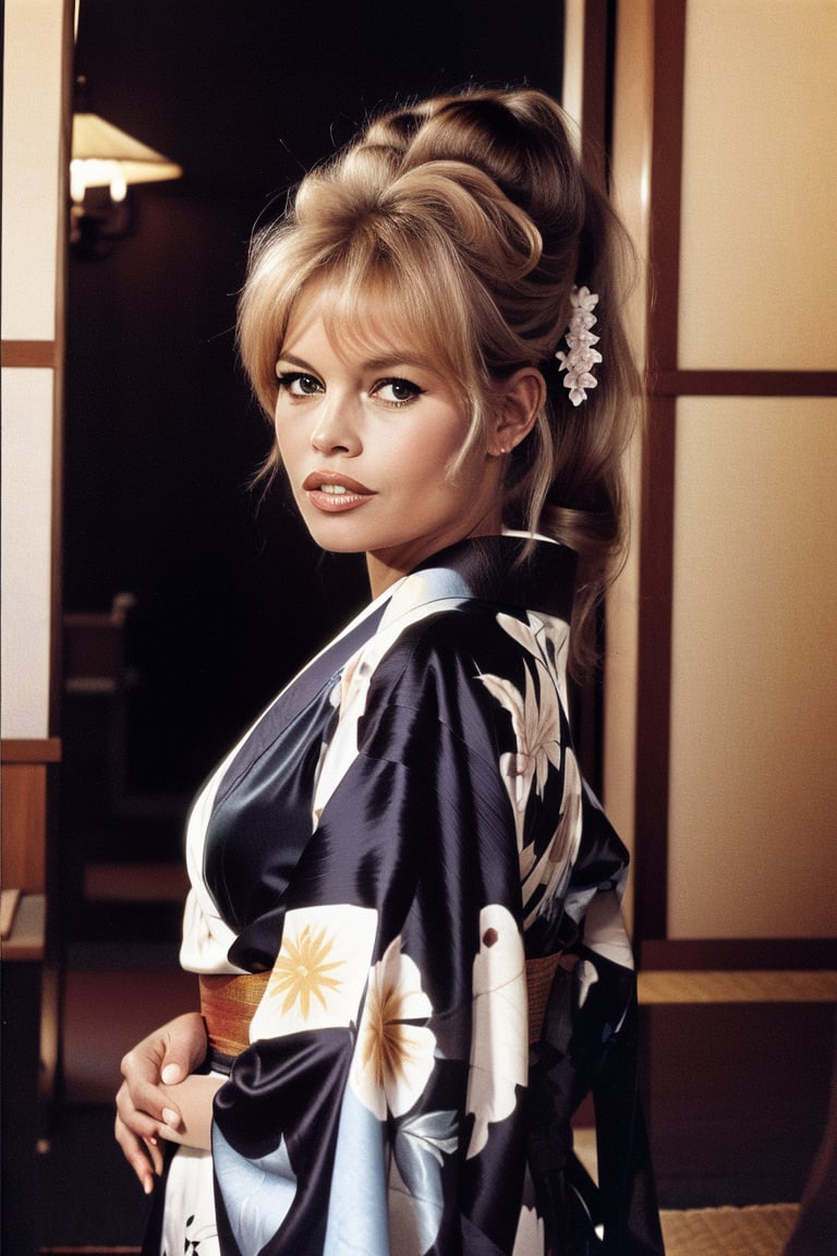 Brigitte Bardot is  a woman in a kimono is posing for a picture