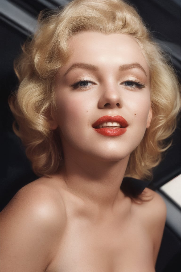 a portrait of marilyn monroe with blonde hair, blue eyes, mole on cheek, lipstick