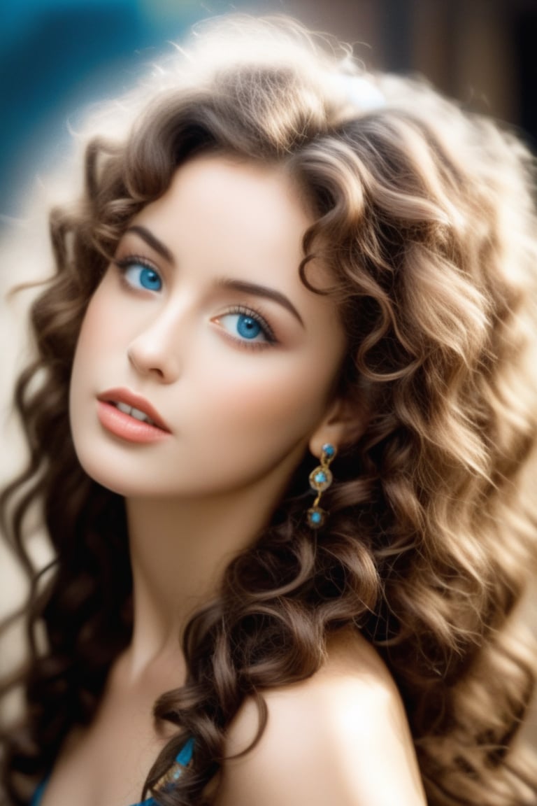 bellissima 1girl, solo, long hair, looking at viewer, blue eyes, brown hair, jewelry, upper body, earrings, lips, makeup, curly hair, realistic, 50mm . cinematic 4k epic detailed 4k epic detailed photograph shot on kodak detailed cinematic hbo dark moody, 35mm photo, grainy, vignette, vintage, Kodachrome, Lomography, stained, highly detailed, found footage,thm style