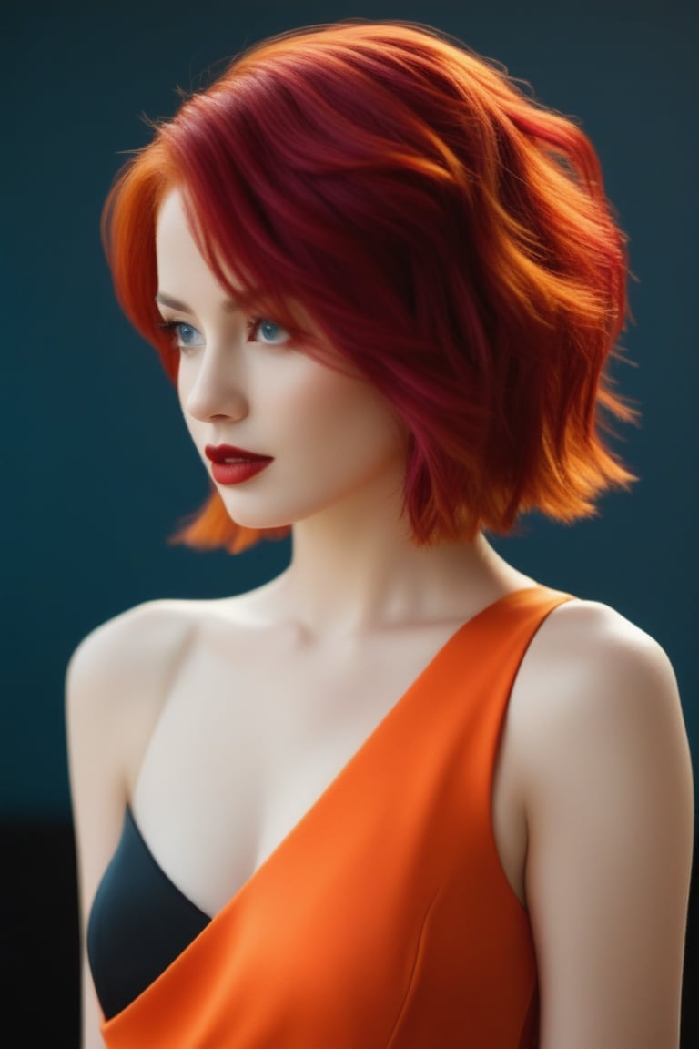 bellissima 1girl, solo, looking at viewer, short hair, blue eyes, simple background, dress, upper body, red hair, orange hair, lips, makeup, red dress, lipstick, black background, realistic, red lips, 50mm . cinematic 4k epic detailed 4k epic detailed photograph shot on kodak detailed cinematic hbo dark moody, 35mm photo, grainy, vignette, vintage, Kodachrome, Lomography, stained, highly detailed, found footage,thm style
