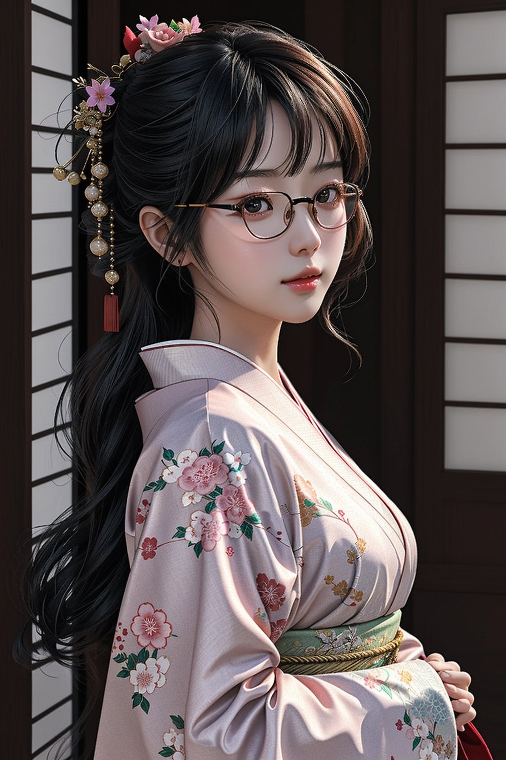 3D realistic, surreal, exquisite eyes, delicate facial lines, a beautiful Japanese woman with glasses looking up in a side shot, natural lighting, sparkling, wearing a kimono to add a Japanese touch.