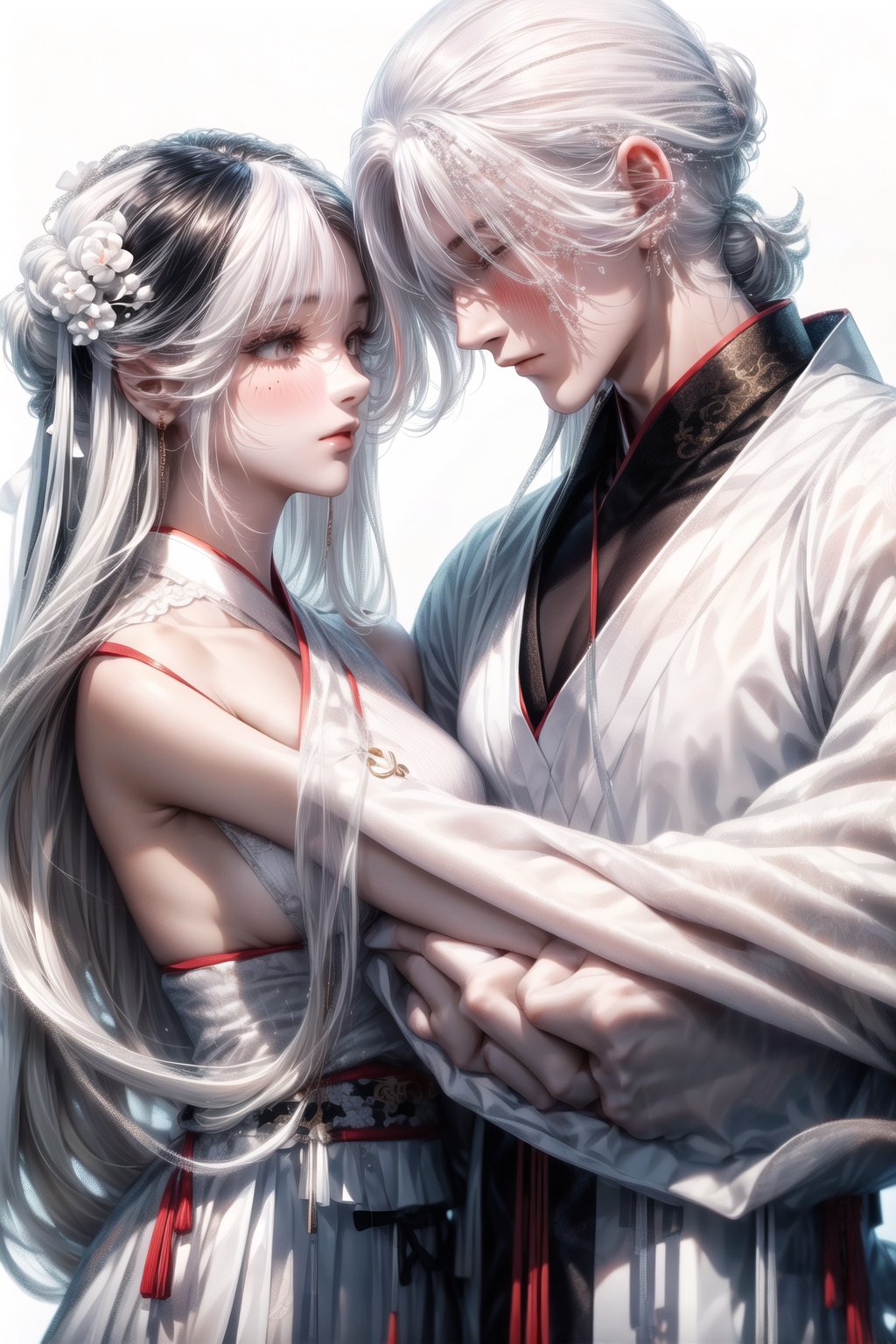 (MALE-FEMALE_COUPLE:1.5)(extreamly delicate and beautiful:1.2), 8K, (tmasterpiece, best:1.2), (WHITE CLEAR BACKGROUND:1.5), (LONG_WHITE_HAIR_COUPLE:1.5), Upper body, a long_white_haired_male with gorgeous girl, romantic moment,  (wears white hanfu:1.2),  and intricate detailing, finely eye and detailed face, Perfect eyes, Equal eyes, Fantastic lights and shadows、white room background、gorgeous_face,gufeng,watercolor,1girl,,1girl,black_hair,white_clothes,looking_at_viewer,mole,solo, hanfu,tang style outfits,pink upper shan,multicolour chest pleated 。 \(medium\)