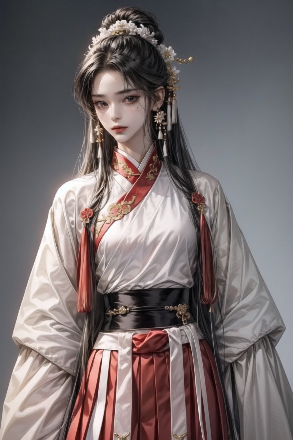 1girl,black_hair,white_clothes,looking_at_viewer,mole,solo, hanfu,tang style outfits,pink upper shan,multicolour chest pleated ，skirt。