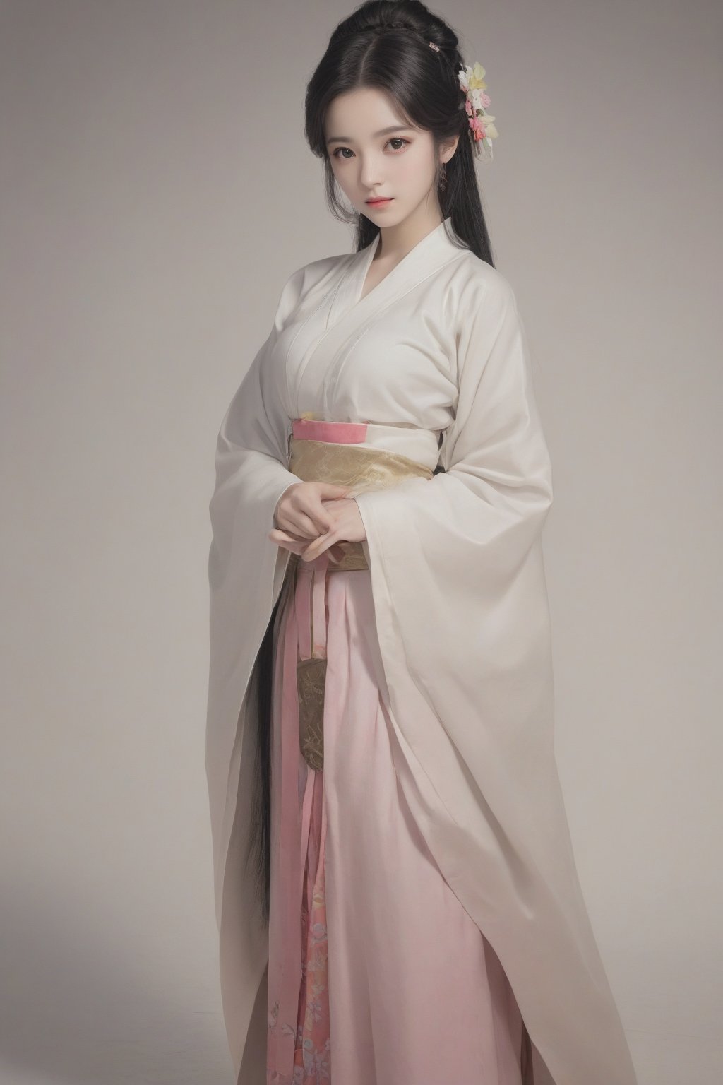 1girl,black_hair,white_clothes,looking_at_viewer,mole,solo, hanfu,tang style outfits,pink upper shan,multicolour chest pleated skirt。