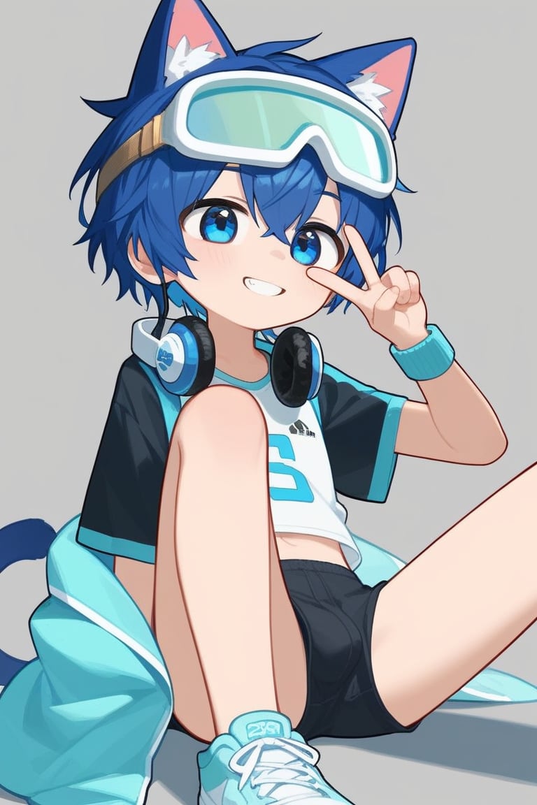 solo,male,shota,cat_boy,animal ear,blue ear,blue hair,blue eyes,BREAK,
headphones around neck,green headphones,solo headphones,BREAK,
goggles_on_head,ski_goggles,green goggles,BREAK,
sneakers,crop_top,
m_legs,v,
score_9,score_8_up,score_7_up,score_6_up,score_5_up,score_4_up,masterpiece,