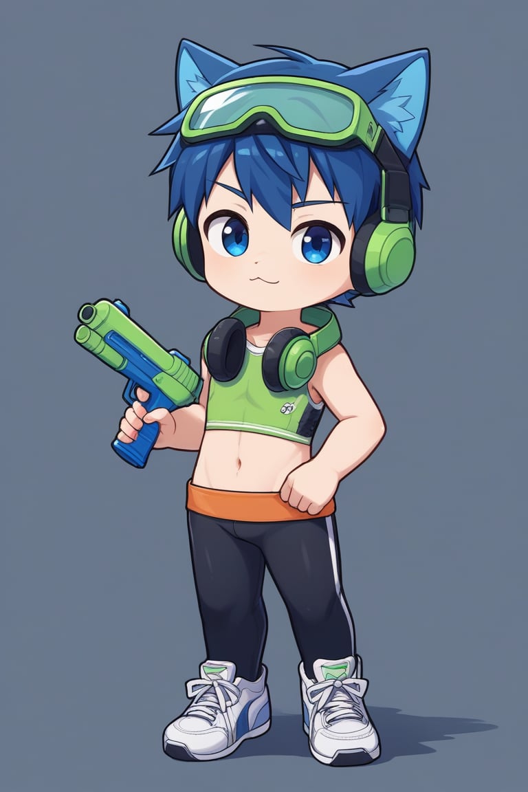 solo,male,shota,cat_boy,animal ear,blue ear,blue hair,blue eyes,BREAK,
headphones around neck,green headphones,(solo headphones:1.25),BREAK,
goggles_on_head,ski_goggles,green goggles,BREAK,
sneakers,crop_top,
pointing water gun at viewer,wet,
score_9,score_8_up,score_7_up,score_6_up,score_5_up,score_4_up,masterpiece,chibi,