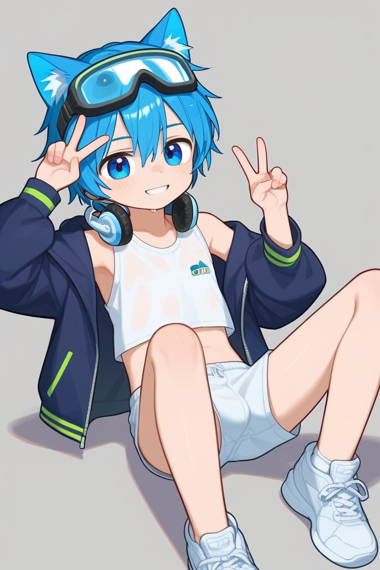 solo,male,shota,cat_boy,animal ear,blue ear,blue hair,blue eyes,BREAK,
headphones around neck,green headphones,(solo headphones:1.25),BREAK,
goggles_on_head,ski_goggles,green goggles,BREAK,
sneakers,crop_top,
sit,m_legs,wet,v,
score_9,score_8_up,score_7_up,score_6_up,score_5_up,score_4_up,masterpiece,