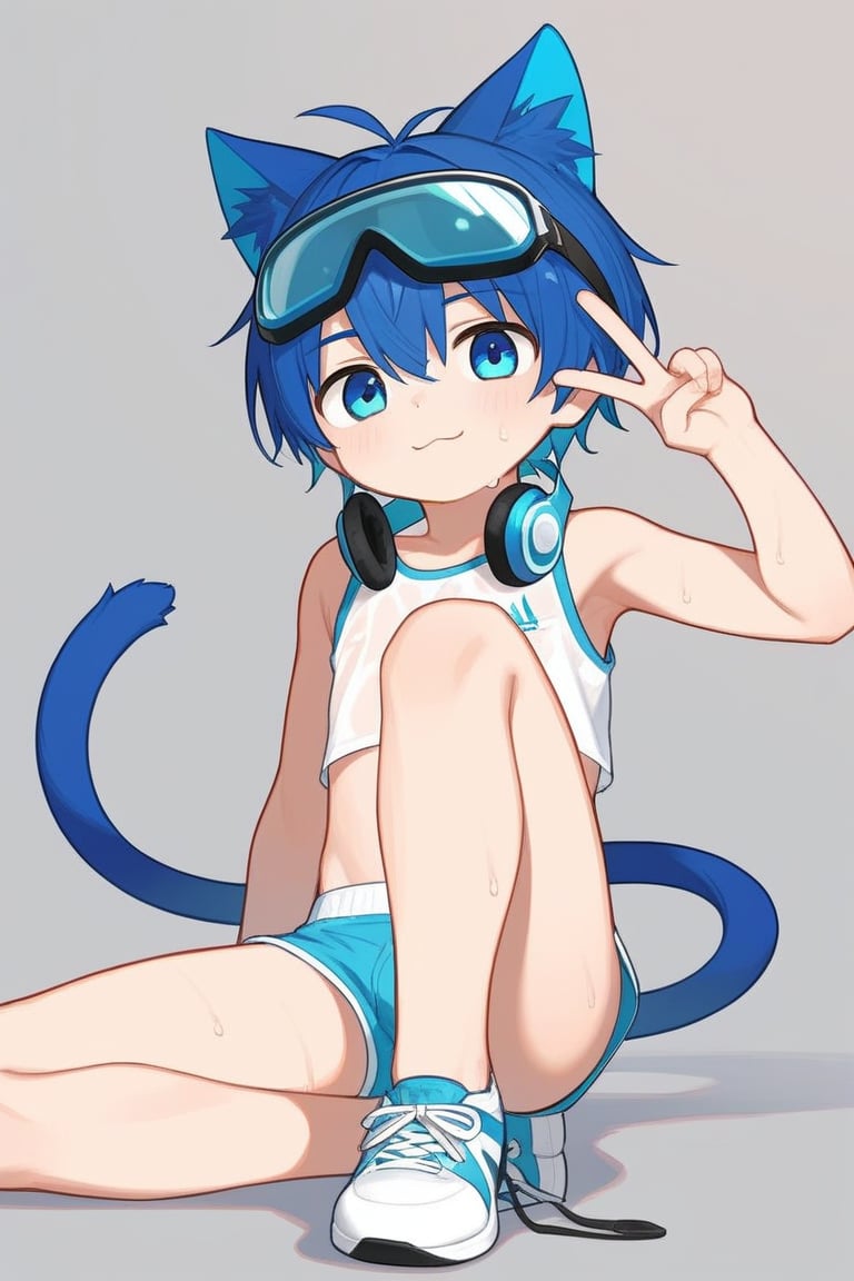 solo,male,shota,cat_boy,animal ear,blue ear,blue hair,blue eyes,BREAK,
headphones around neck,green headphones,(solo headphones:1.25),BREAK,
goggles_on_head,ski_goggles,green goggles,BREAK,
sneakers,crop_top,
sit,m_legs,wet,v,
score_9,score_8_up,score_7_up,score_6_up,score_5_up,score_4_up,masterpiece,