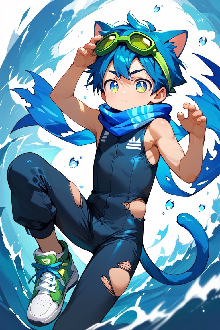 score_9,score_8_up,score_7_up,score_6_up,score_5_up,score_9_up,tag score,source_anime,
1boy,solo,male focus,blue cat ears shota,blue tail,blue pupils,blue hair,
(black sleeveless bodysuit),blue (torn scarf),sneakers,green (goggle) on head,
best quality, amazing quality, best aesthetic,
Perfect Hands,Wave glow sticks,