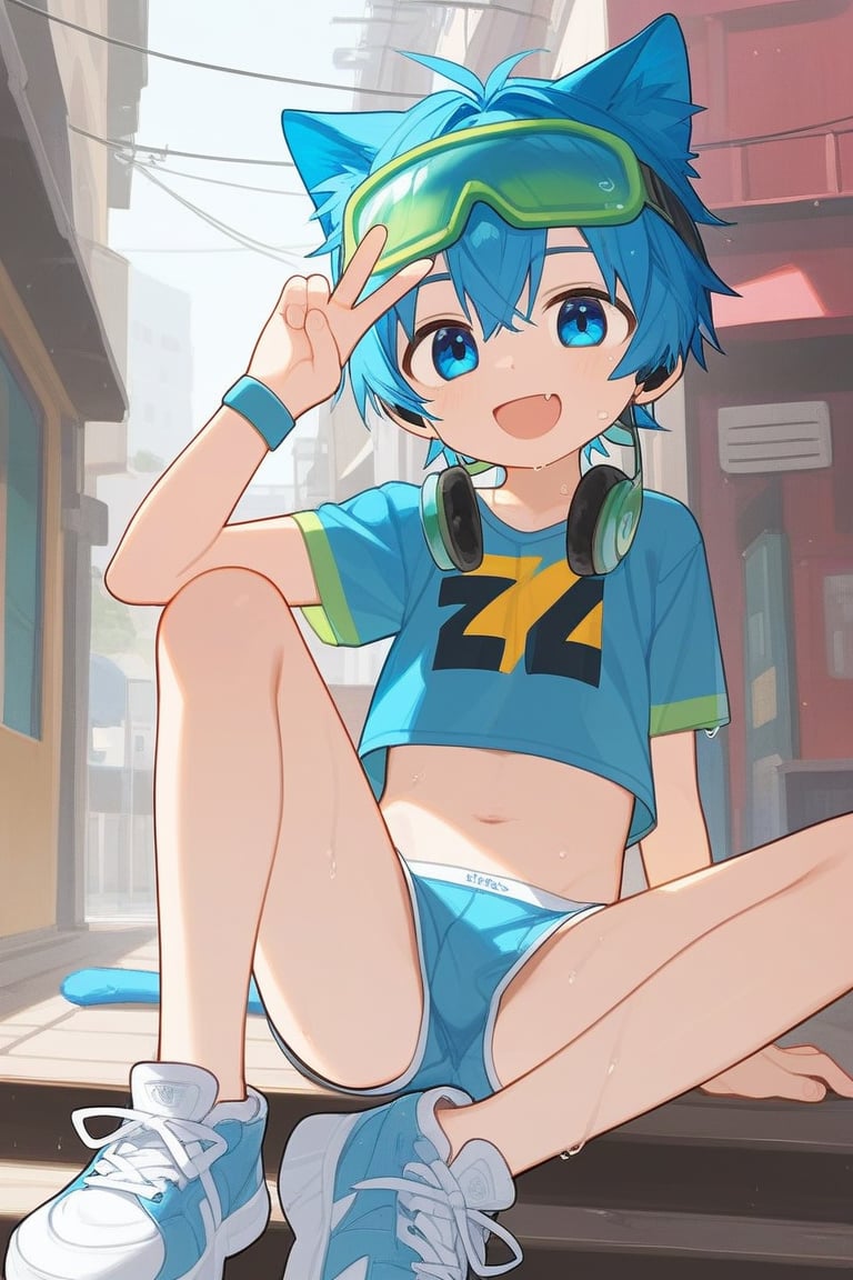 solo,male,shota,cat_boy,animal ear,blue ear,blue hair,blue eyes,BREAK,
headphones around neck,green headphones,(solo headphones:1.25),BREAK,
goggles_on_head,ski_goggles,green goggles,BREAK,
sneakers,crop_top,
sit,m_legs,wet,v,
score_9,score_8_up,score_7_up,score_6_up,score_5_up,score_4_up,masterpiece,