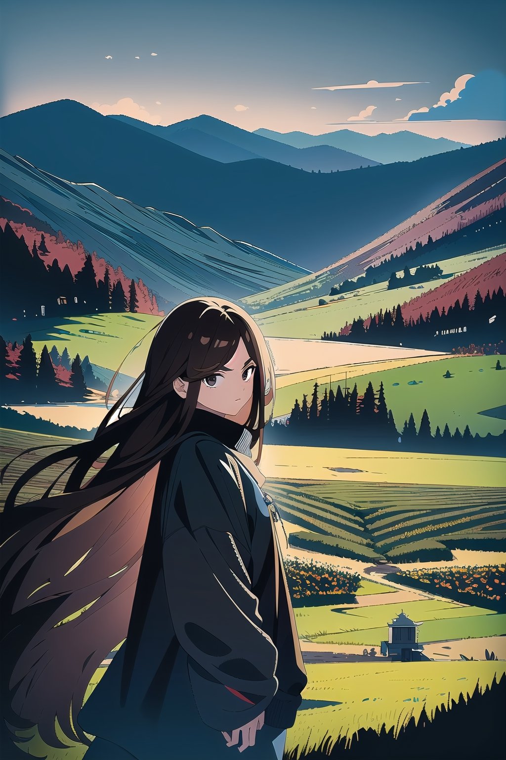 (masterpiece, best quality, high resolution: 1.3), ultra resolution image, (1 child), (only), long hair, semi-long dark brown hair, black eyes, dark gray sweatshirt, fierce, smug, confident, fantasy , ready to fight, landscape (meadow), collapse of civilization, ancient, r1ge, mythical, infinite sky (smoll submarine in the sky , cold hearted brown eyes, traveler
