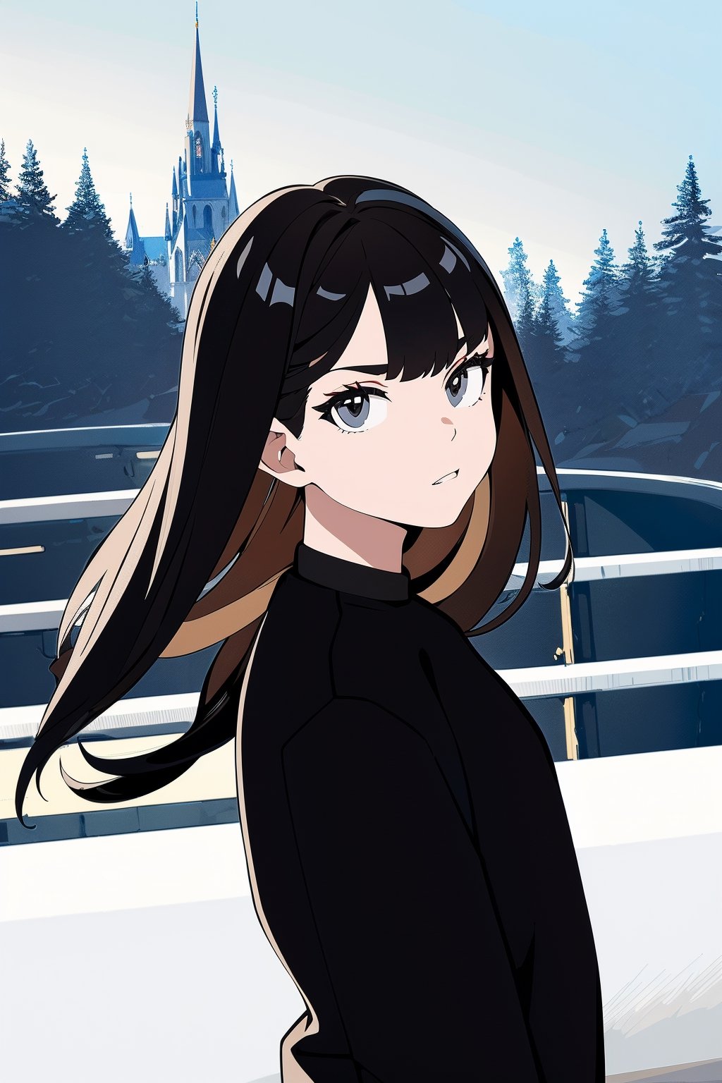 (masterpiece, best quality, high resolution: 1.3), ultra resolution image, (1 child), (only), dark futuristic armor, long hair, semi-long hair, black eyes, dark gray sweatshirt, fierce, smug, confident, fantasy , ready to fight, landscape, heroic conquest, majestic, ancient, r1ge, magic kingdom, mythical, infinite sky, grave sword, cold hearted brown eyes