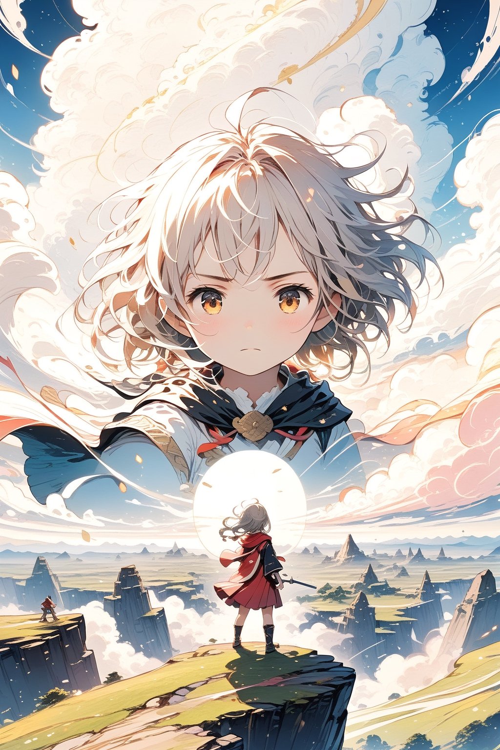 (masterpiece, best quality, high resolution: 1.3), ultra resolution image, (1child), (only), confident, fantasy , ready to fight, landscape, ancient, r1ge, mythical, infinite sky 
 ,cute,anime