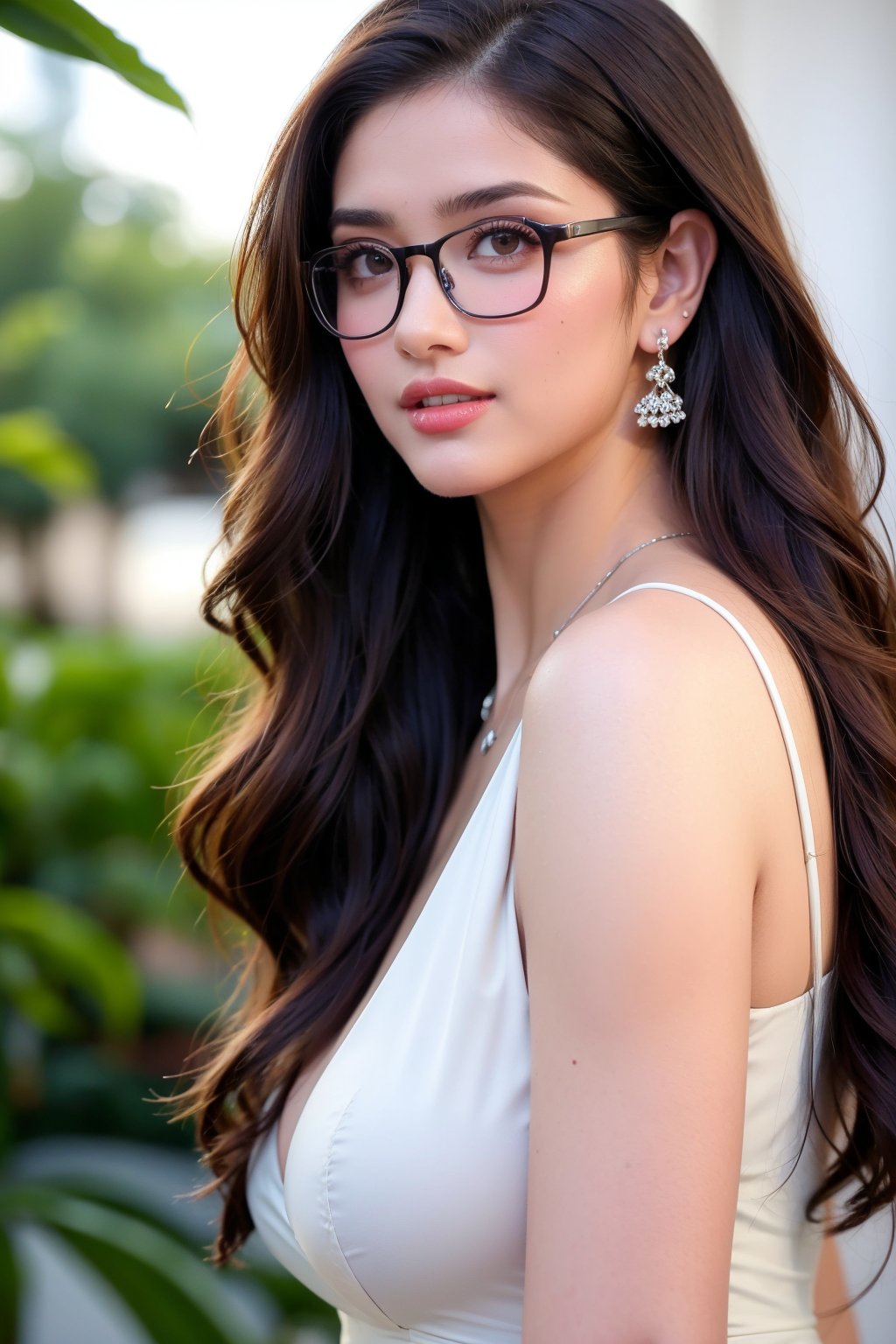 score_9, score8_up,(absurd quality,16k,highres,masterpiece), ultra details,UHD,(photorealistic Realism 16K Quality), (stunningly beautiful woman, 22-year-old), ((wearing glasses1.5)), (super quality details, realistic texture: skin, hair), ((the most absurd quality perfect eyes)), (natural super beautiful cute sharp-face), (light pale complexion), ((clear  and sharp perfect round realistic brown_eyes)), finely detailed pupils, detailed lips:1.3, BREAK, ((Fujicolor, daytime soft lighting), detailed perfect symmetrical face, detailed sharp nose, detailed glossy lips, detailed white teeth, fashion supermodel, (curly heban hair (slicked to the one side) Intricately detailed), BREAK, (pink_makeup), BREAK, ((Classic and sexy designer dress, combination of red and yellow colour in the dress)), Detailed blue decoration, BREAK, (Fitted clothing), dynamic pose, ((looking from side)), (no decorations in the hair), (dark shot:1.2), (firm normal full breasts), hint of cleavage, ((vibarant and colourful),anikha,girl,beauty,solo,1 girl 