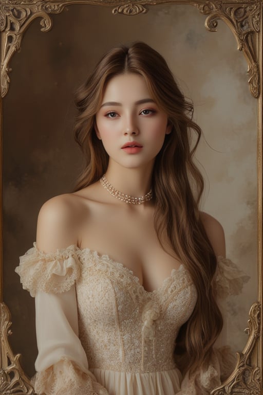 score_9, score8_up,(absurd quality,16k,highres,masterpiece), ultra details,UHD,(photorealistic Realism 16K Quality),A stylish and elegant young woman from privileged society, her refined features exude sophistication and grace. This exquisite portrait, possibly a beautifully crafted oil painting, showcases her in a flowing gown of luxurious silk, adorned with intricate lace and delicate embroidery. Every meticulous brushstroke captures the essence of opulence, from the shimmering jewels adorning her neck to the intricate updo that perfectly frames her face. The image radiates an aura of wealth and stature, transporting viewers into the glamorous world of high society