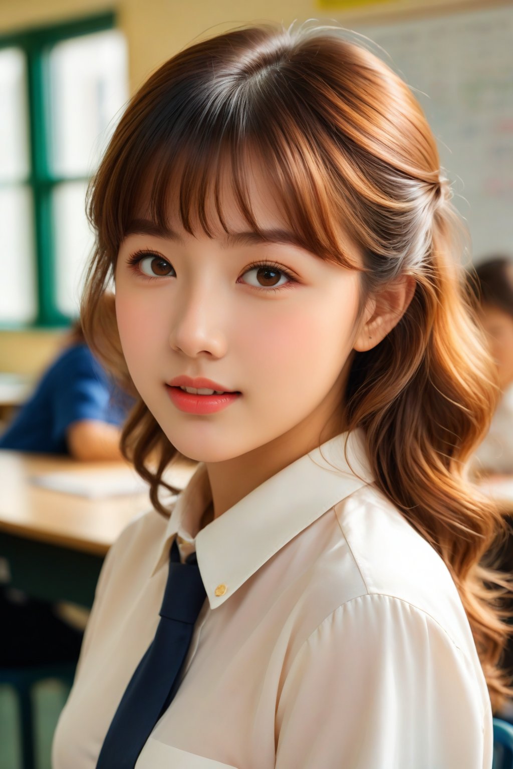 masterpiece, high quality realistic, realistic aesthetic photo ,(HDR:1.2), pore and detailed, intricate detailed, graceful and beautiful textures, RAW photo, 16K, sharp forcus, warm tone, vibrant colors, (head to waist portrait), in the classroom, bright atmosphere, girl fused on Imperial-Topaz, cute face, little-smile, detailed eyes, light-brown medium hair, curled bangs, juicy lips, fair oily skin, collared shirt,skirt,