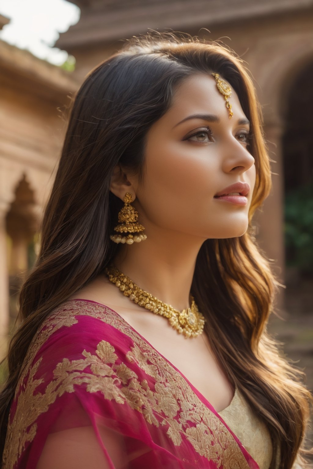 RAW portrait photo of 1 brunette woman with long hair, in front of a hindu temple, wearing a beautiful saree, imagem de perfil, european supermodel , seminua, medium firm breasts, soio, revela seu corpo, transparente, altamente detalhado, skin imperfections:1.1), detalhada, specular illumination, DSLR, ultra qualidade, sharp focus, grain of film, Sharp features, soft natural lighting, magic photography, natural lightting, Foto realism, ultra-detalhado, 8k, melhor qualidade, Ultra Alto Nadaolution, (fotorrealista: 1.4), high resolution, detalhada, foto crua, sharp re, (8k, 4k, melhor qualidade, alto, Ultra alto nada:1.1), (obra-prima, realista, realista:1.1), face like nancy momoland