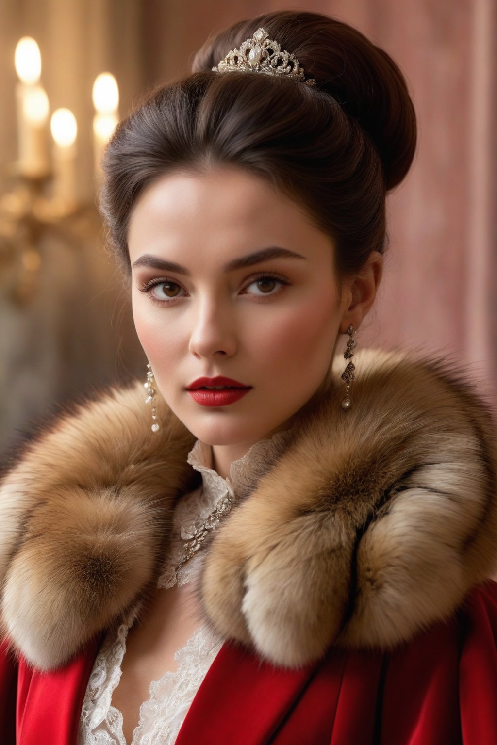 best quality, masterpiece,	
A Hollywood starlet, channeling the allure of a beautiful Spanish girl, exudes Rococo glamour in a red fur outfit, accented with a fur-trim capelet, her dark brown hair elegantly styled in a bun. Her ensemble is completed with fashionable accessories, blending opulence with a modern chic that captures the essence of timeless beauty and sophistication.
ultra realistic illustration, siena natural ratio, ultra hd, realistic, vivid colors, highly detailed, UHD drawing, perfect composition, ultra hd, 8k, he has an inner glow, stunning, something that even doesn't exist, mythical being, energy, molecular, textures, iridescent and luminescent scales, breathtaking beauty, pure perfection, divine presence, unforgettable, impressive, breathtaking beauty, Volumetric light, auras, rays, vivid colors reflects.