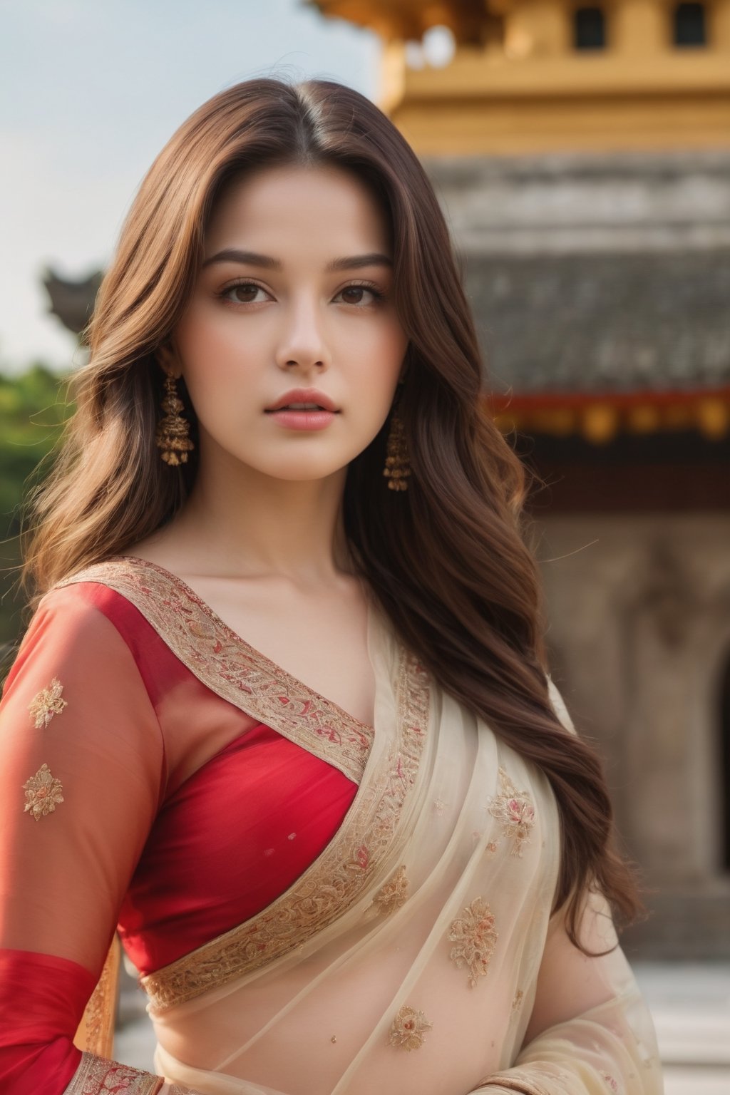 RAW portrait photo of 1 brunette woman with long hair, in front of a hindu temple, wearing a beautiful saree, imagem de perfil, european supermodel , seminua, medium firm breasts, soio, revela seu corpo, transparente, altamente detalhado, skin imperfections:1.1), detalhada, specular illumination, DSLR, ultra qualidade, sharp focus, grain of film, Sharp features, soft natural lighting, magic photography, natural lightting, Foto realism, ultra-detalhado, 8k, melhor qualidade, Ultra Alto Nadaolution, (fotorrealista: 1.4), high resolution, detalhada, foto crua, sharp re, (8k, 4k, melhor qualidade, alto, Ultra alto nada:1.1), (obra-prima, realista, realista:1.1), face like nancy momoland