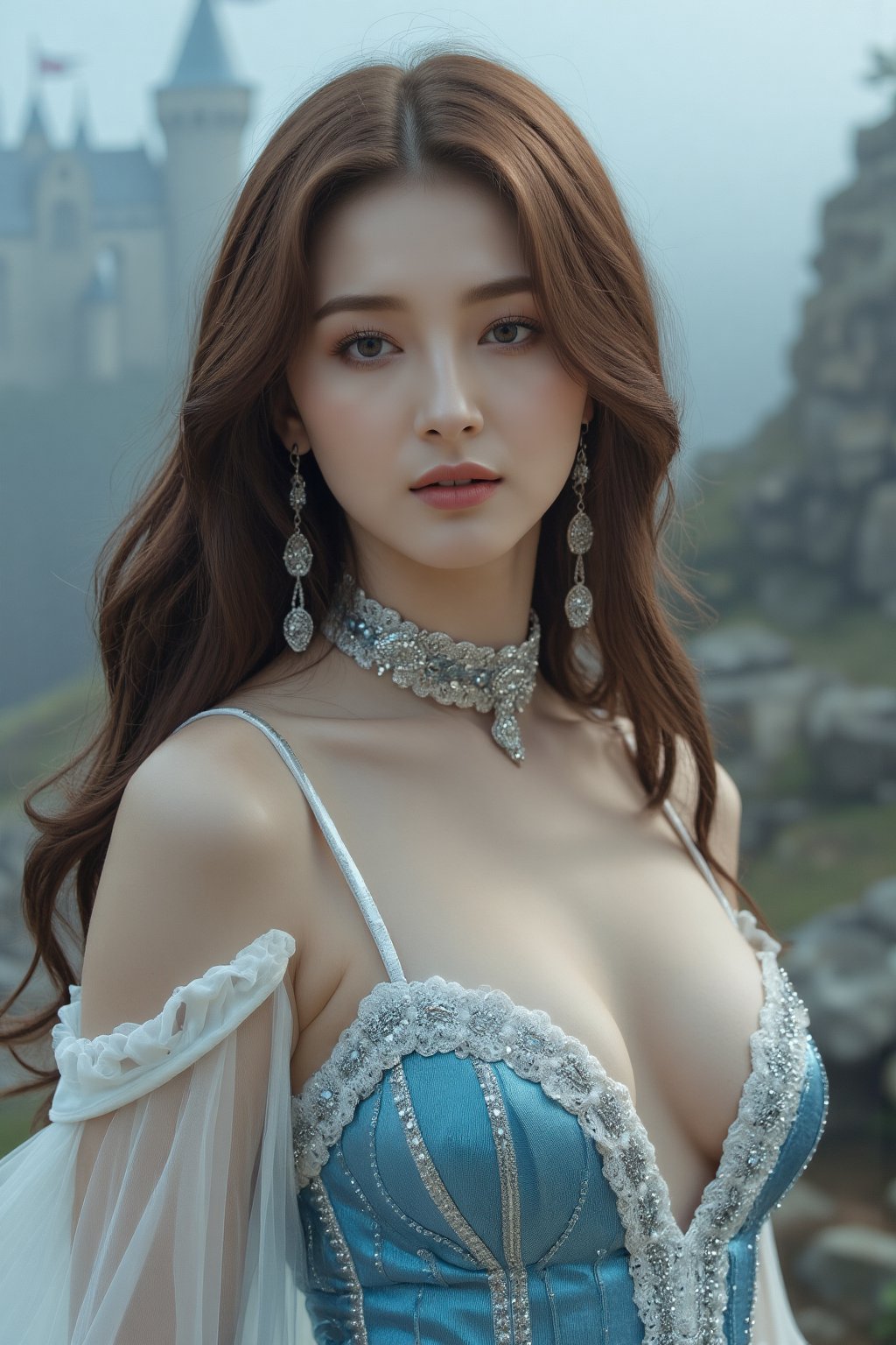 score_9,score8_up, ((head to thigh portrait)), (majestic:1.5),(uhd:1.3), (best quality,highres,masterpiece:1.2), ultra-detailed, (realistic, photorealistic, photo-realistic:1.37, Woman with long, wavy brown hair wearing a low-cut, white and blue dress adorned with silver embellishments and a lace choker. She is also wearing dangling, ornate earrings, elegance pose ,medium long shot , soft effect, ancient castle and foggy background, bright and colourful, highly detailed, perefct lighting, extremely detailed surroundings, hyper realistic, 
