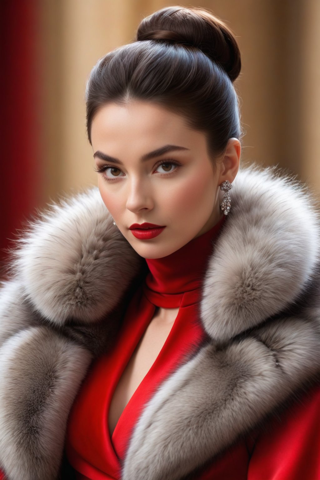best quality, masterpiece,	
A Hollywood starlet, channeling the allure of a beautiful Spanish girl, exudes Rococo glamour in a red fur outfit, accented with a fur-trim capelet, her dark brown hair elegantly styled in a bun. Her ensemble is completed with fashionable accessories, blending opulence with a modern chic that captures the essence of timeless beauty and sophistication.
ultra realistic illustration, siena natural ratio, ultra hd, realistic, vivid colors, highly detailed, UHD drawing, perfect composition, ultra hd, 8k, he has an inner glow, stunning, something that even doesn't exist, mythical being, energy, molecular, textures, iridescent and luminescent scales, breathtaking beauty, pure perfection, divine presence, unforgettable, impressive, breathtaking beauty, Volumetric light, auras, rays, vivid colors reflects.