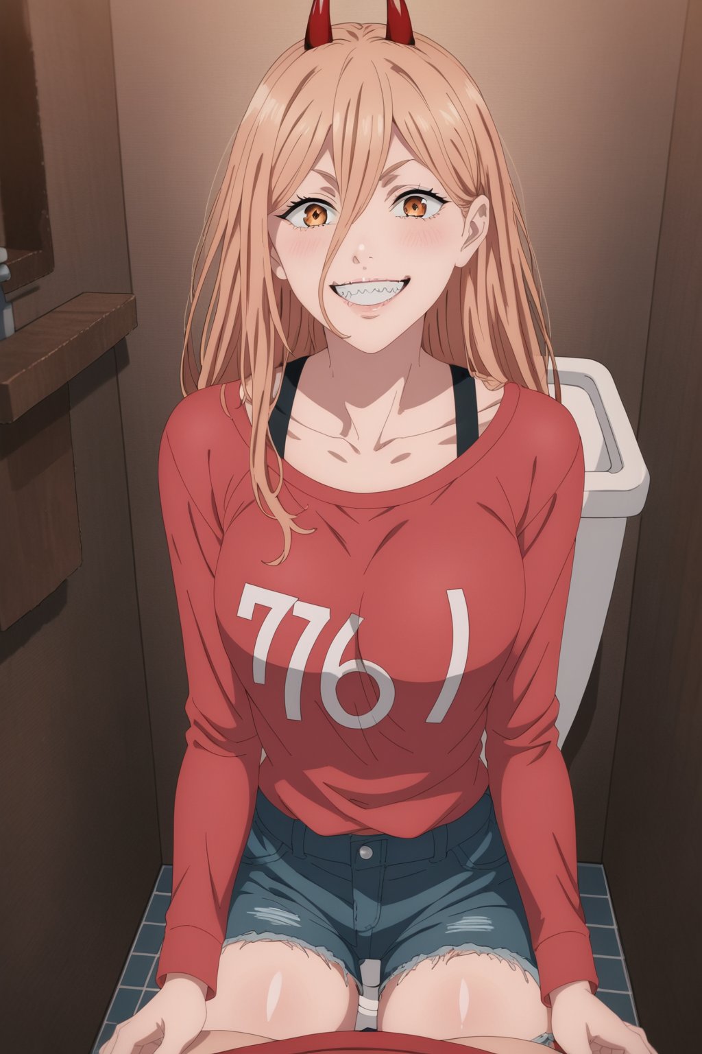 BREAK source_anime,(best quality:1.1)1girl,tall,power_v1, 1girl, red horns, long hair, hair between eyes, red shirt , shorts,sitting on toilet seat,weatern toilet,pov,teeth,zig zag teeth,smile
