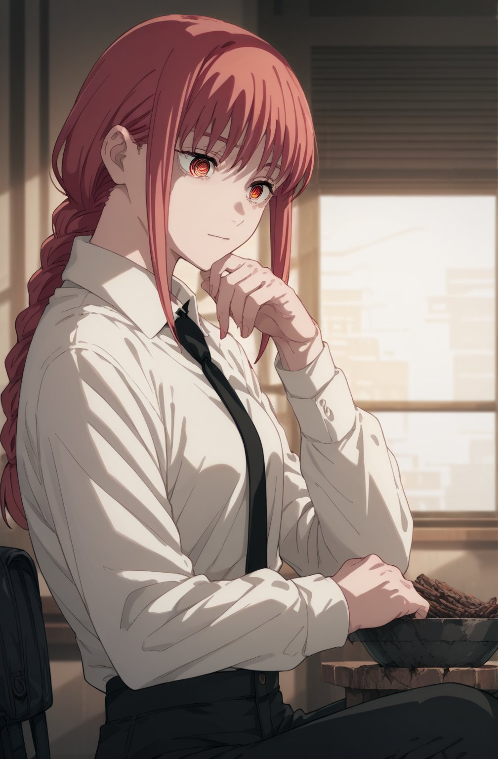 score_9, score_8_up, score_7_up, score_6_up, score_5_up, score_4_up, BREAK, source_anime,makima_v1, 1girl, red hair, ringed eyes, braided ponytail, solo, black necktie, shirt, collared shirt,black_pants