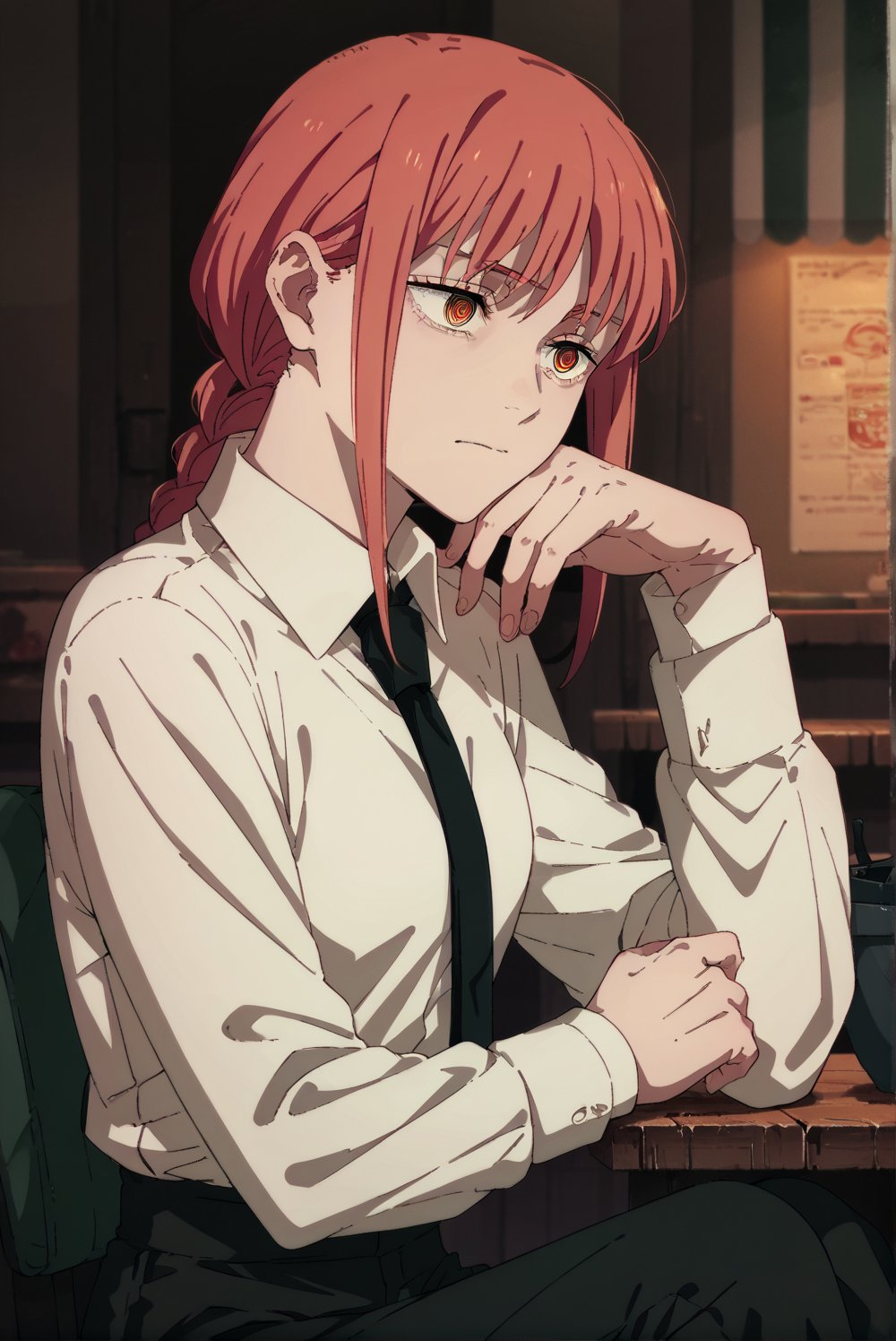 score_9, score_8_up, score_7_up, score_6_up, score_5_up, score_4_up, BREAK, source_anime,makima_v1, 1girl, red hair, ringed eyes, braided ponytail, solo, black necktie, shirt, collared shirt,black_pants
