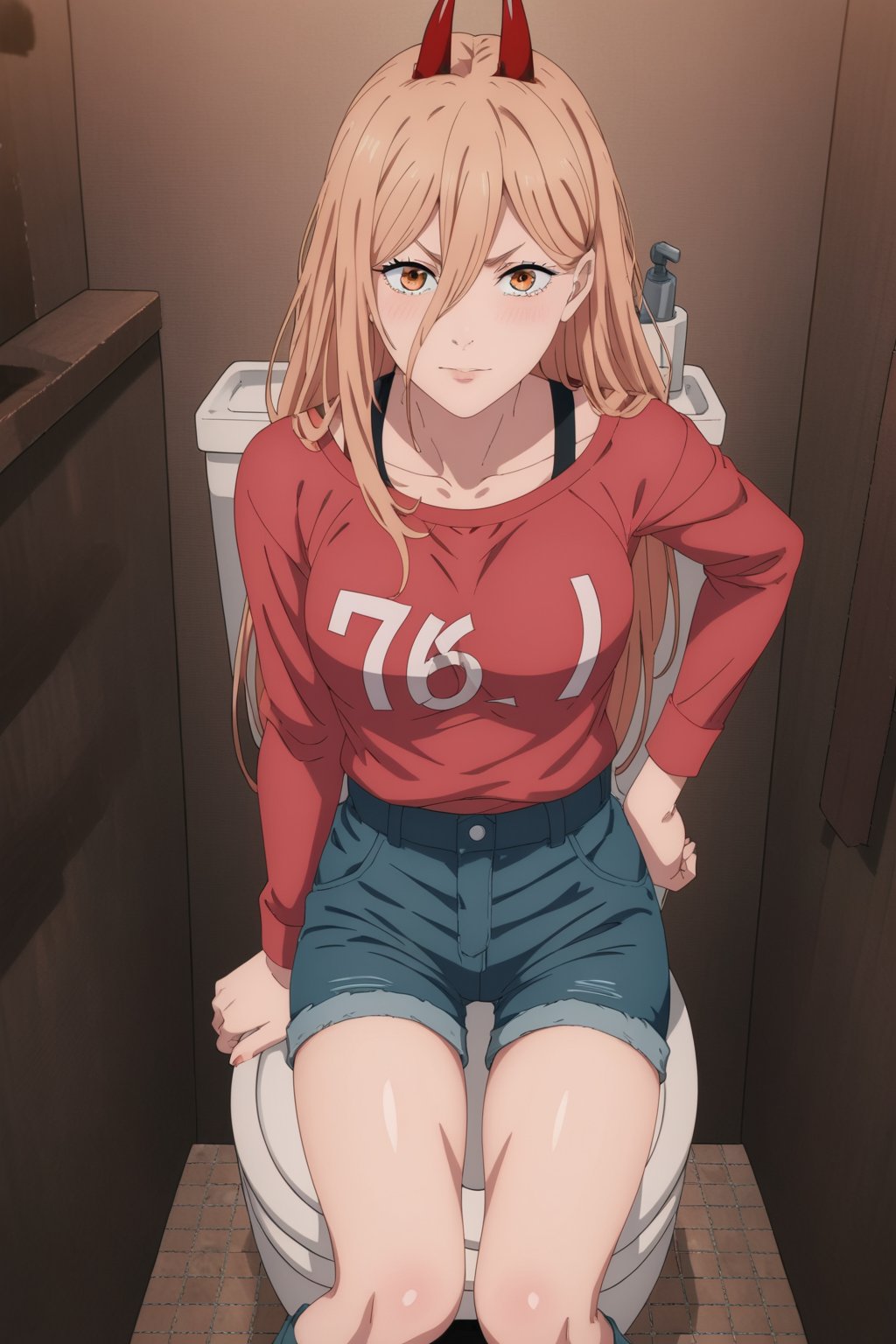 BREAK source_anime,(best quality:1.1)1girl,tall,power_v1, 1girl, red horns, long hair, hair between eyes, red shirt , shorts,sitting on toilet seat,weatern toilet,pov
