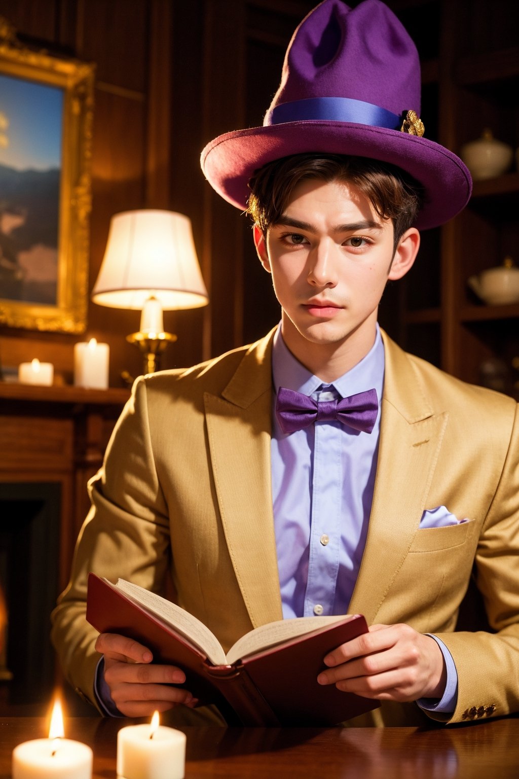 1boy, black headwear, blurry, blurry background, book, bow, bowtie, brown eyes, candle, card, dog, clothed animal, fire, formal, hat, indoors, jacket, lamp, looking at viewer, male focus, no humans, purple bow, purple bowtie, realistic, shirt, upper body