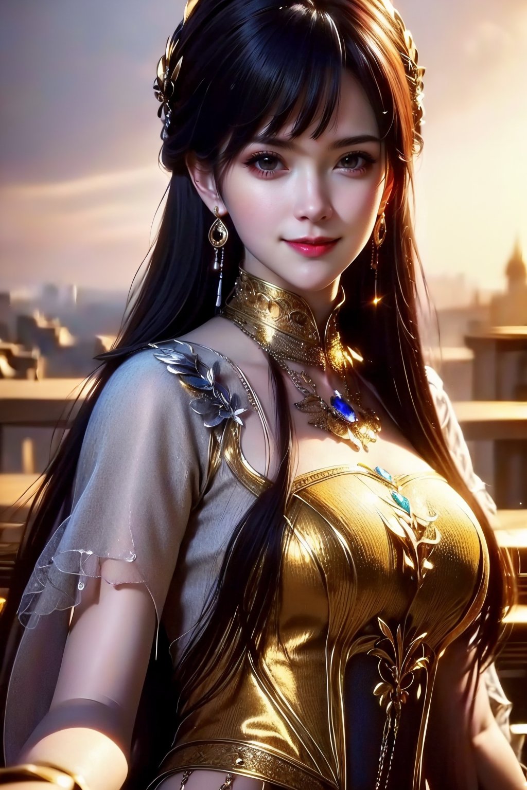 (best quality:1.4),(masterpiece:1.4),(photorealistic:1.4),(Realistic:1.2),(ultra high res, raw photo:1.4),(hdr, hyperdetailed:1.2),(8K:1.2),1girl, jewelry, solo, earrings, upper body, long hair, dress, smile