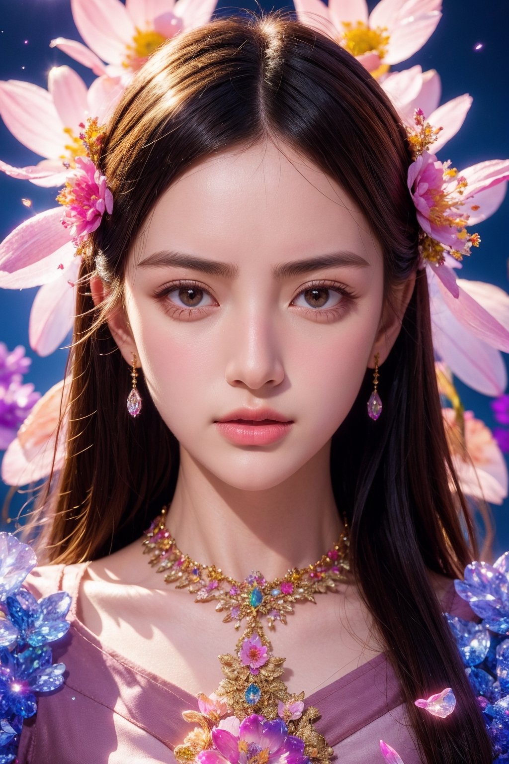 1girl, closed mouth, grey eyes, lips, long hair, long sleeves, looking at viewer, flower, extremely high quality high detail RAW color photo, crystal flower, intricate crystal patterns, translucent petals, prismatic light refraction, sharp, precise edges, detailed textures, luminous glow,