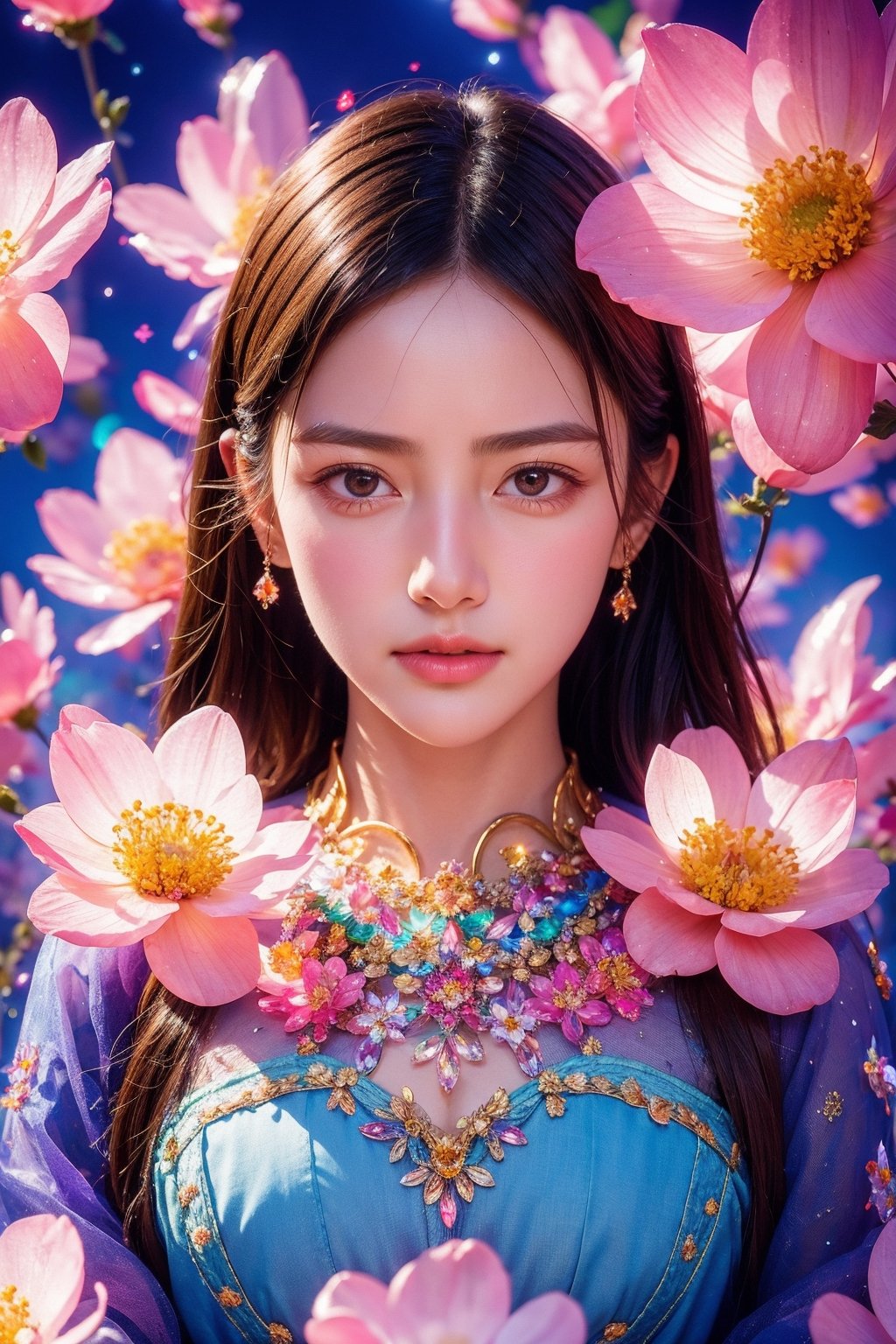 1girl, closed mouth, grey eyes, lips, long hair, long sleeves, looking at viewer, flower, extremely high quality high detail RAW color photo, crystal flower, intricate crystal patterns, translucent petals, prismatic light refraction, sharp, precise edges, detailed textures, luminous glow,