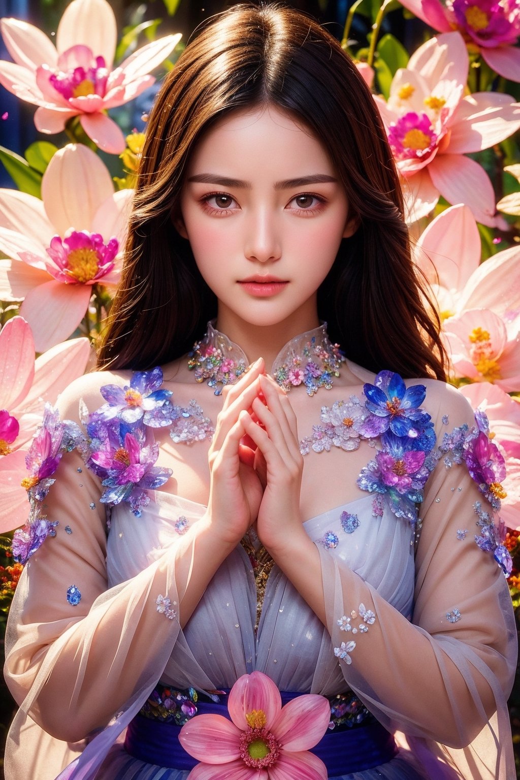 1girl, closed mouth, grey eyes, lips, long hair, long sleeves, looking at viewer, flower, extremely high quality high detail RAW color photo, crystal flower, intricate crystal patterns, translucent petals, prismatic light refraction, sharp, precise edges, detailed textures, luminous glow,
