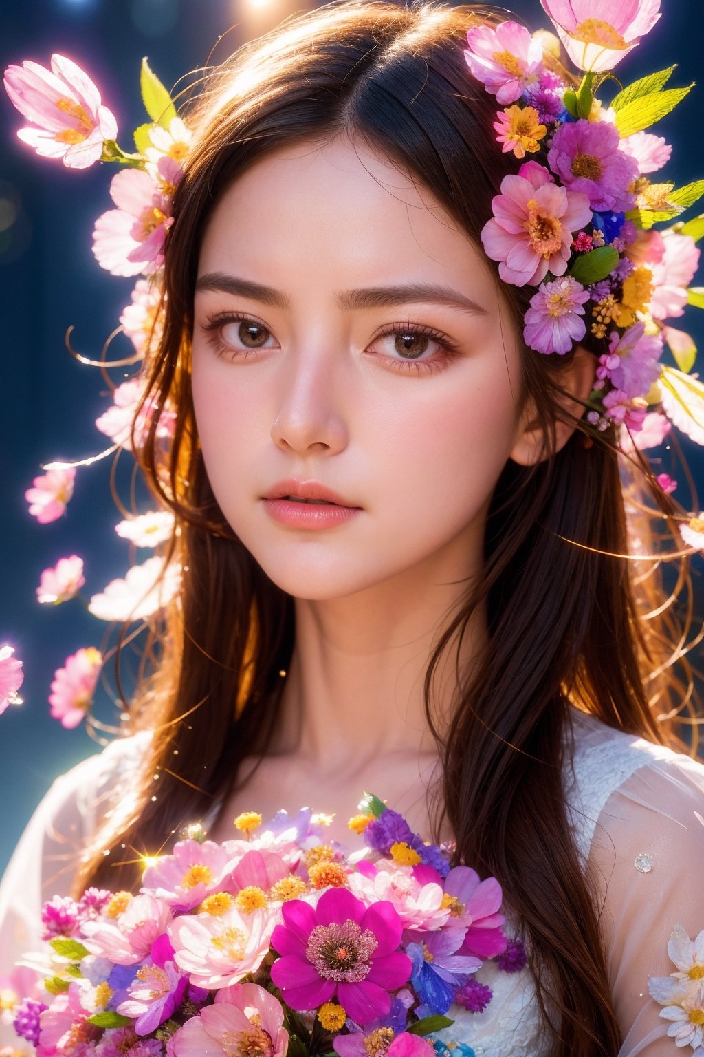 1girl, closed mouth, grey eyes, lips, long hair, long sleeves, looking at viewer, flower, extremely high quality high detail RAW color photo, crystal flower, intricate crystal patterns, translucent petals, prismatic light refraction, sharp, precise edges, detailed textures, luminous glow,