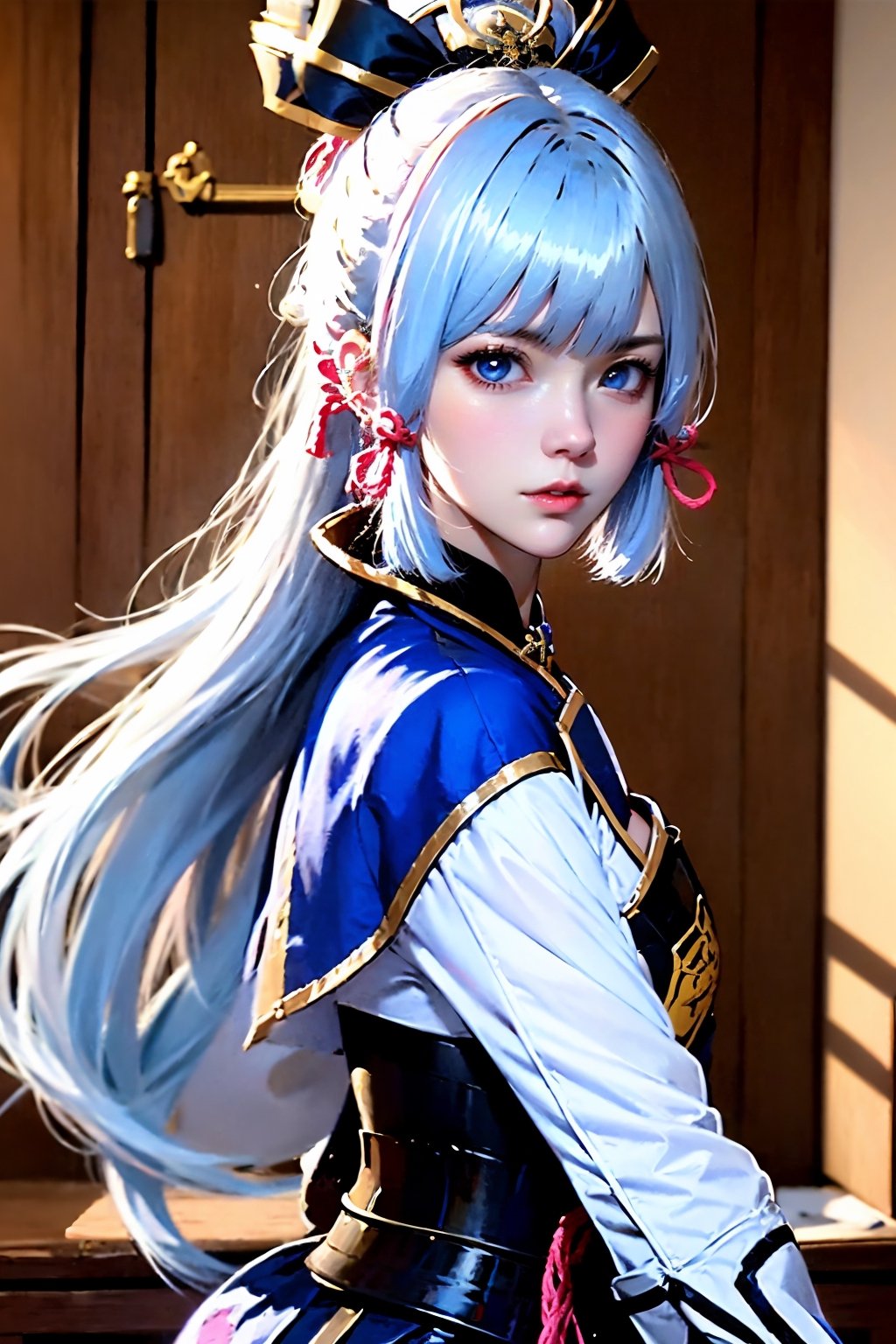 1girl,upper body, kamisato ayaka, solo, blue eyes, long hair, looking at viewer, ponytail, armor, blunt bangs, ribbon, hair ribbon, lips, white hair, tress ribbon, from side, breastplate, sidelocks, hair ornament, jacket, realistic, pink ribbon, nose, closed mouth, armored dress, blue jacket, japanese armor, long sleeves, blue hair, mole, mole under eye, blue capelet, high ponytail, looking to the side, arm guards, light blue hair, indoorssurrounded by brilliant light and dream styledream space background,
