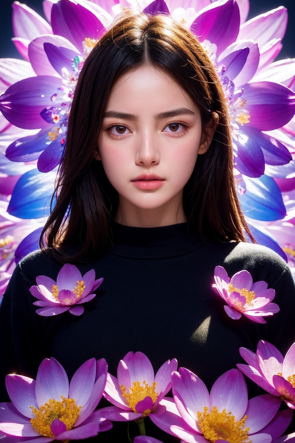 1girl, black background, black eyes, black shirt, black sweater, closed mouth, grey eyes, lips, long hair, long sleeves, looking at viewer, flower, extremely high quality high detail RAW color photo, crystal flower, intricate crystal patterns, translucent petals, prismatic light refraction, sharp, precise edges, detailed textures, luminous glow,
