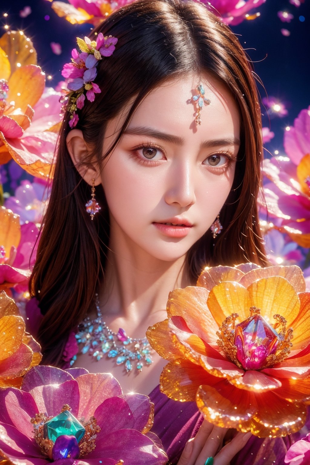 1girl, closed mouth, grey eyes, lips, long hair, long sleeves, looking at viewer, flower, extremely high quality high detail RAW color photo, crystal flower, intricate crystal patterns, translucent petals, prismatic light refraction, sharp, precise edges, detailed textures, luminous glow,