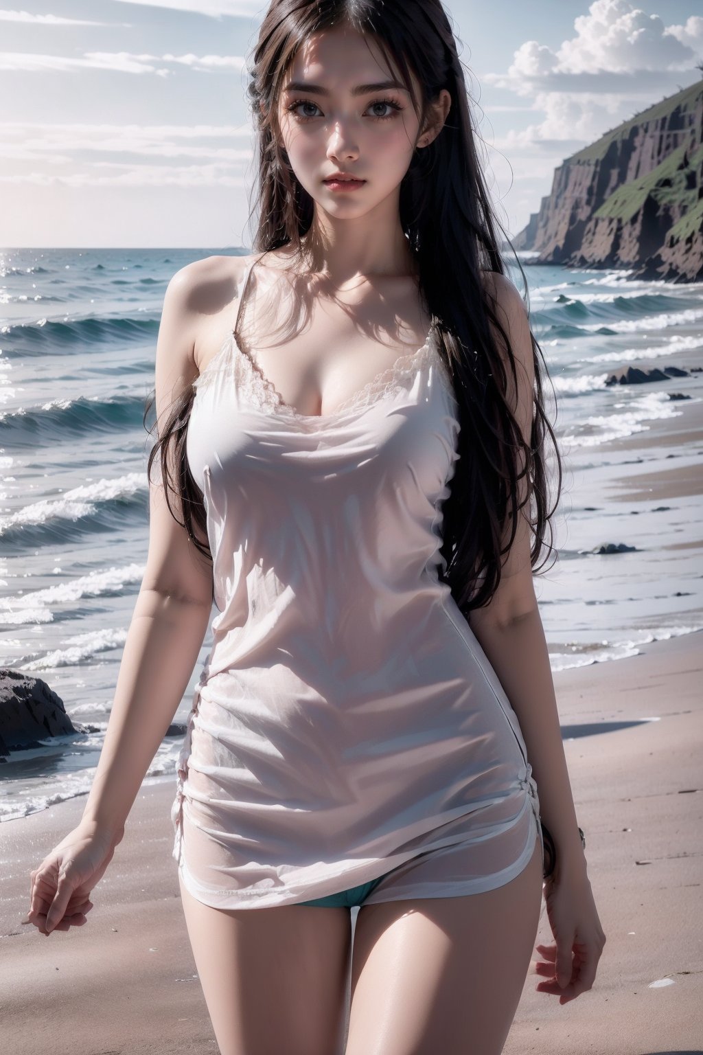 AgainSuspenderPajamas, suspender pajamas, 1girl, breasts, long hair, (sea and beach and  outdoors:1.4), 