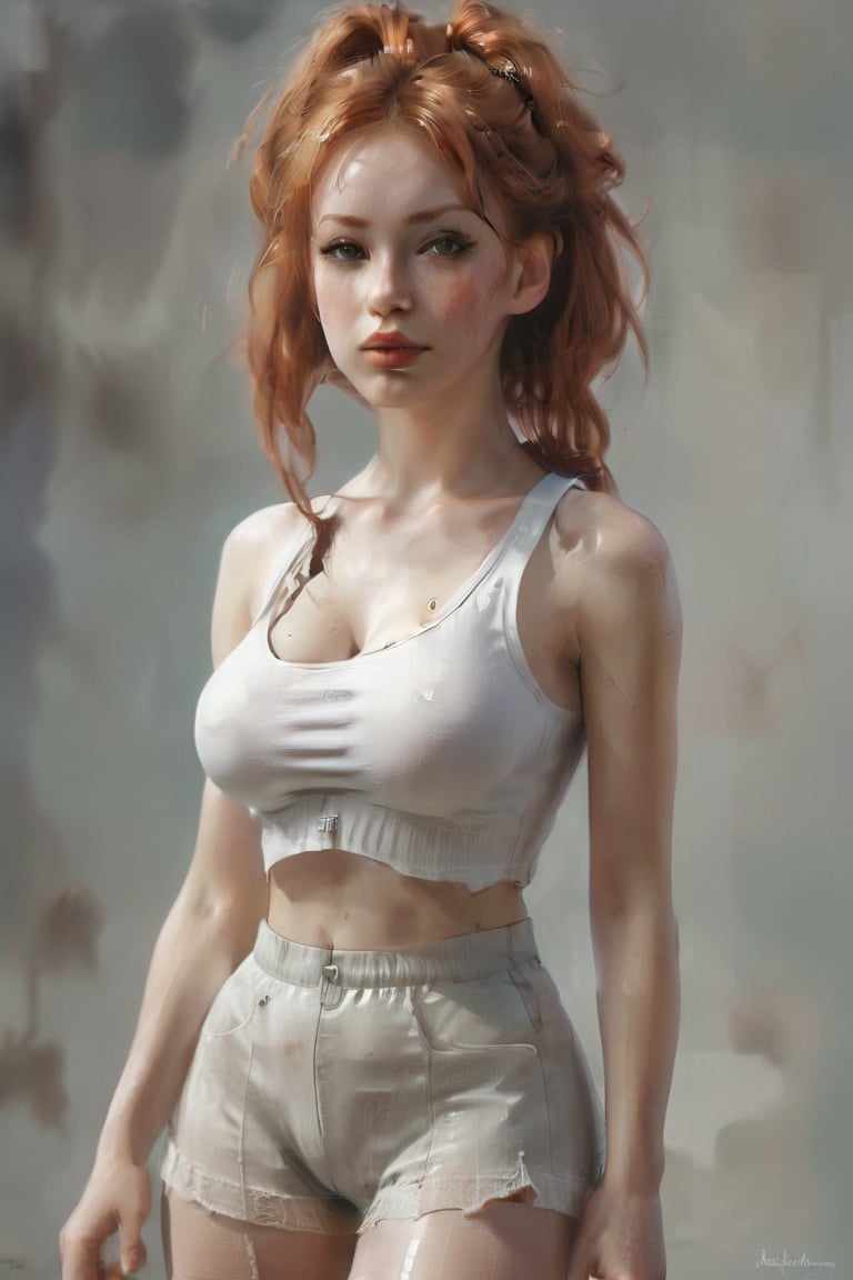 A detailed digital illustration of a young woman with ginger hair styled in high pigtails, wearing a white cropped tank top that is slightly tattered. (((huge breasts:1.4))), (((pantyhose))), tight_miniskirt
