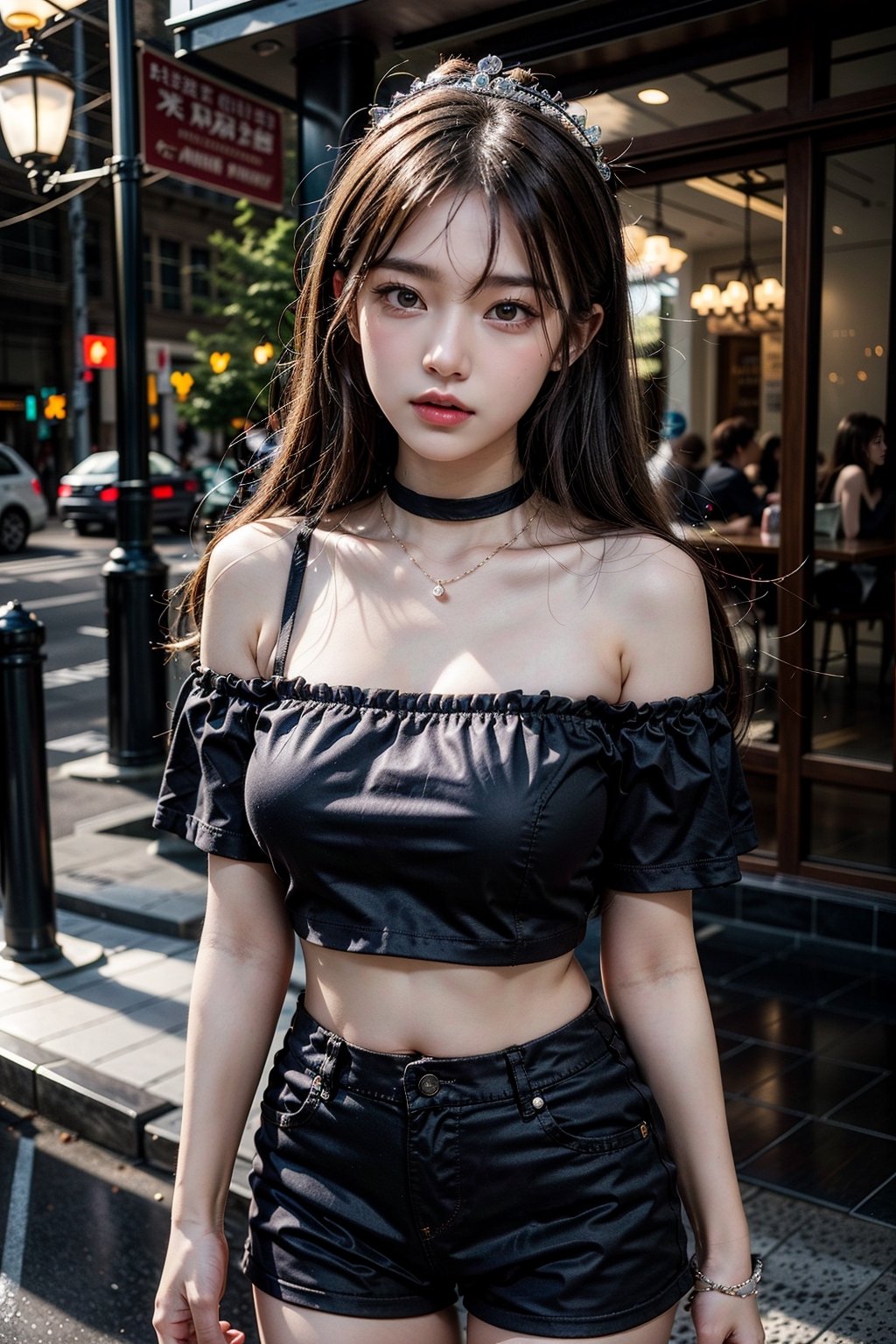 nai3, 1girl, shorts, solo, crop top, black shorts, choker, blue eyes, black hair, navel, shirt, midriff, crop top overhang, looking at viewer, white shirt, jewelry, breasts, cowboy shot, bare shoulders, short shorts, off-shoulder shirt, off shoulder, black choker, thighs, stomach, hand on own thigh, long hair, bracelet, short sleeves, ribbon, hand up, collarbone, hair ribbon, medium breasts, standing, high-waist shorts, dolphin shorts, bra strap, closed mouth, hair ornament, thigh gap, bangs, necklace, expressionless, xxhanfu halo cyber phoenix crown, ,Samurai girl,Realism,perfecteyes eyes,Detailedface,masterpiece,1 girl,Ava