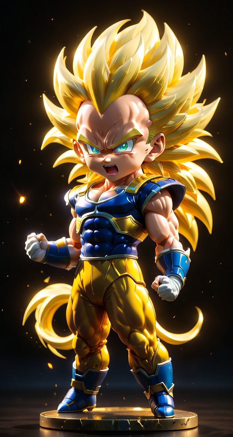 (a screaming vegeta super saiyan 3 in Dragon Ball ), with glowing very long yellow hairs, small and cute, (eye color switch), (bright and clear eyes), anime style, depth of field, lighting cinematic lighting, divine rays, ray tracing, reflected light, glow light, side view, close up, masterpiece, best quality, high resolution, super detailed, high resolution surgery precise resolution, UHD, skin texture,full_body,chibi