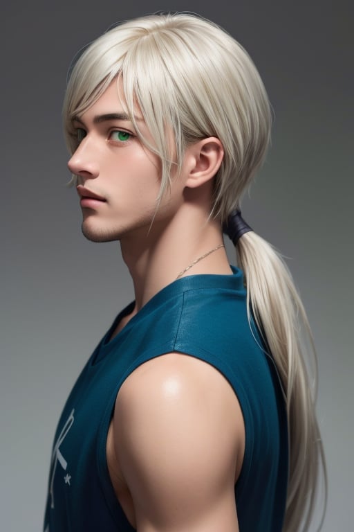 A tall, handsome, statuesque young man is platinum blond, he has long platinum hair gathered in a tight low ponytail at the back of his head, long bangs, green eyes, he is dressed in rocker clothes. Masterpiece, beautiful face, perfect image, realistic photos, 8k, detailed image, extremely detailed illustration, a real masterpiece of the highest quality, with careful drawing.  low ponytail on the back of the head, anime style,SailorStarHealer,yaten, 1 boy