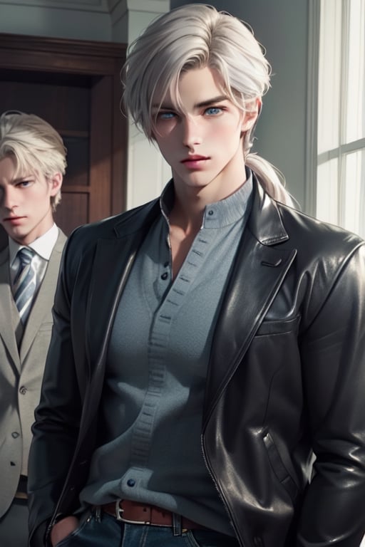 2 men, standing facing each other. A tall, handsome, statuesque, courageous young man is platinum blond, he has tanned skin, long straight platinum hair, blue eyes, he is dressed in an suit, he is facing another young man, he has long straight platinum hair, long bangs, green eyes, he is dressed in a leather jacket, jeans. Masterpiece, detailed study of the face, beautiful face, beautiful facial features, perfect image, realistic shots, detailed study of faces, full-length image, 8k, detailed image. an extremely detailed illustration, a real masterpiece of the highest quality, with careful drawing.  grey hair, green eyes, long hair, low ponytail yaten
