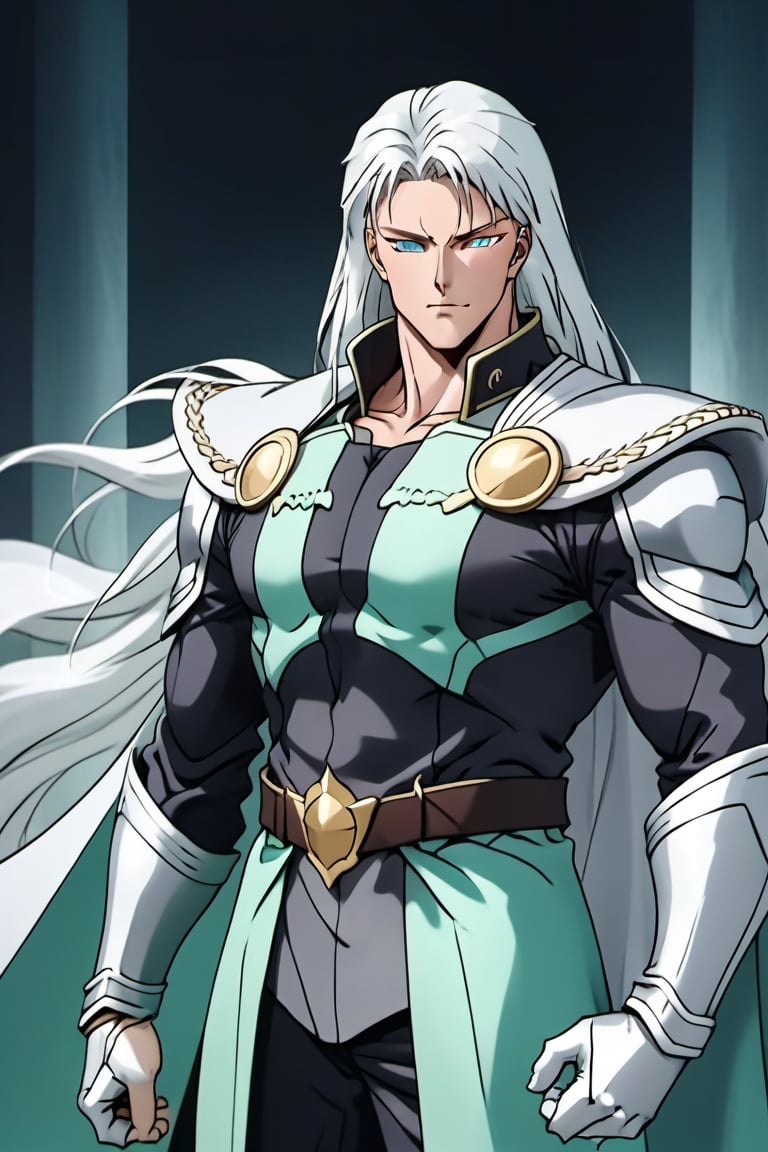 (Beatiful, masterpiece, aesthetic). Anime muscle man.long straight platinum hair below the shoulders. Light blue eyes. grey military clothes, silver armor with gold decorations. (Anime Character) (Dark enviroment).Kunzite,Malachite,SMV4,score_9,score_8_up,score_7_up,rating_explicit, (Aesthetic dark image), long straight platinum hair below the shoulders,MALE