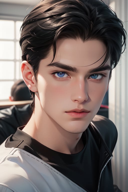 A tall, handsome, athletic, statuesque, courageous young man with very long black hair gathered in a tight knot at the back of his head, with blue eyes, long straight black hair, dressed in a black T-shirt and white jeans. Masterpiece, detailed study of the face, beautiful face, beautiful facial features, perfect image, realistic shots, detailed study of faces, full-length image, 8k, detailed image, extremely detailed illustration, a real masterpiece of the highest quality, with careful drawing. detailed eyes, beautiful face, blue eyes, handsome male, clean-shaven face, wrenchftmfshn smooth face. smooth facial skin, no facial hair, no facial hair, wrenchftmfshn, long black hair, SailorStarFighter