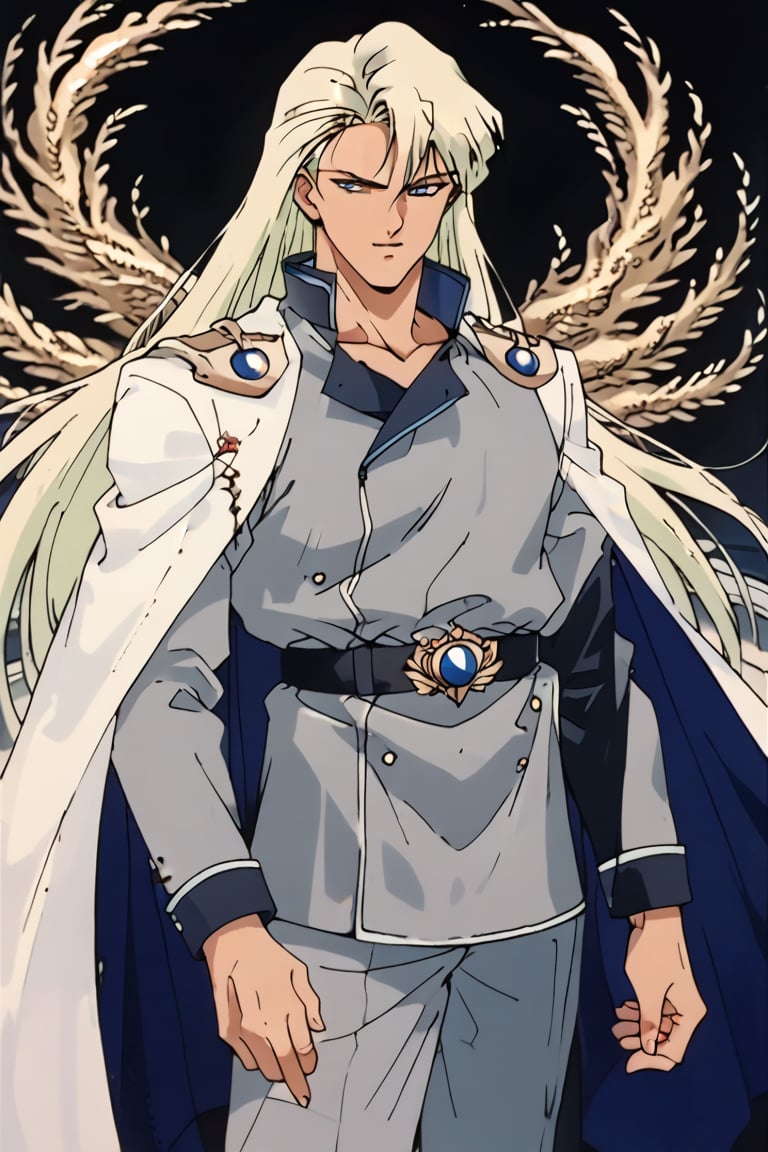 (Beatiful, masterpiece, aesthetic) (Aesthetic dark image) . Anime muscle man. long platinum hair. Light blue eyes.  grey military clothes, silver armor with gold decorations. (Anime Character) (Dark enviroment). he is holding the hand of an incredibly beautiful young fatal golden-haired blonde with blue eyes, long golden hair, in a light golden dress.
  ,Beautiful eyes,Eyes,Kunzite,Malachite,SMV4,score_9,score_8_up,score_7_up,rating_explicit,aavenus, long hair, 