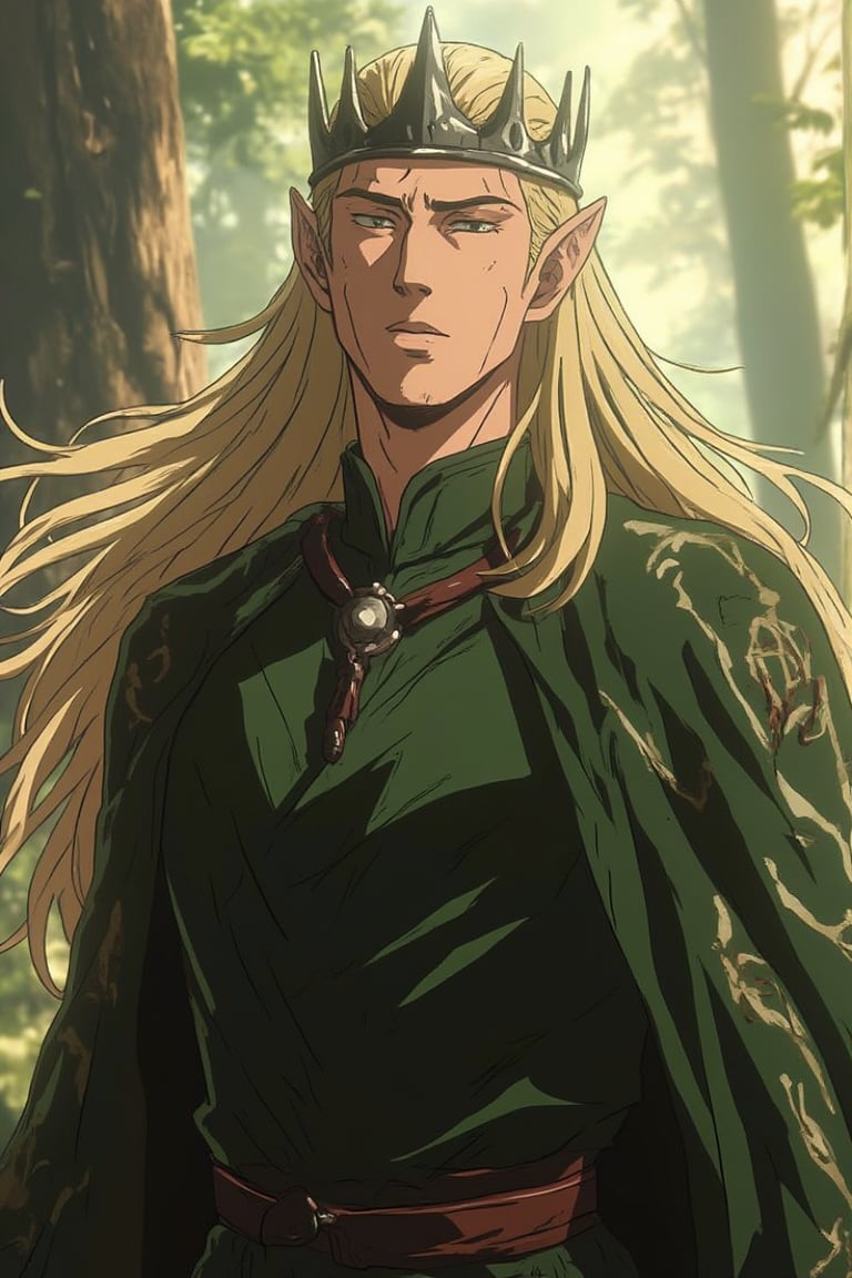 An anime-style photo of Lee Pace, which depicts him in his iconic role as the elf King Thranduil. He has very long blond hair and an arrogant expression on his face. The clothes should be decorated with classic elven green patterns, and should be a elvian crown. The background should be slightly blurred to emphasize Lee Pace's athletic physique and the smooth movements of his elven clothes. The lighting should emphasize the sharpness of his anime-style facial features and the energetic, dynamic environment around him, giving the image a spectacular, action-packed look of Niji's journey.