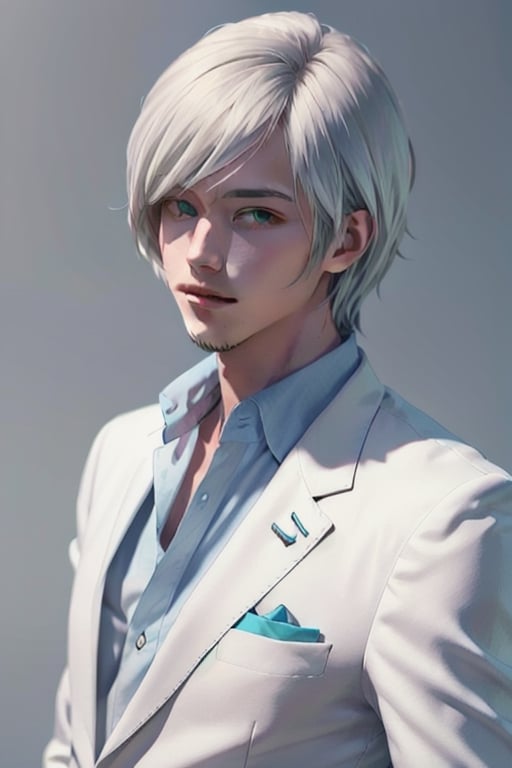 A handsome young man is platinum blond, he has long straight platinum hair, green eyes, he is dressed in a white suit and a blue shirt. Masterpiece, perfect image, realistic image, detailed study of faces, full-length image, 8k, detailed image, extremely detailed illustration, a real masterpiece of the highest quality, with careful drawing.,yaten,1man